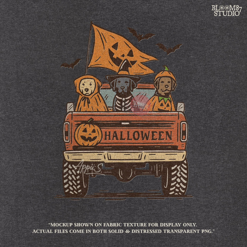 Halloween PNG of three dogs in Halloween costumes riding in a vintage truck with pumpkin flags and bats flying in the background.