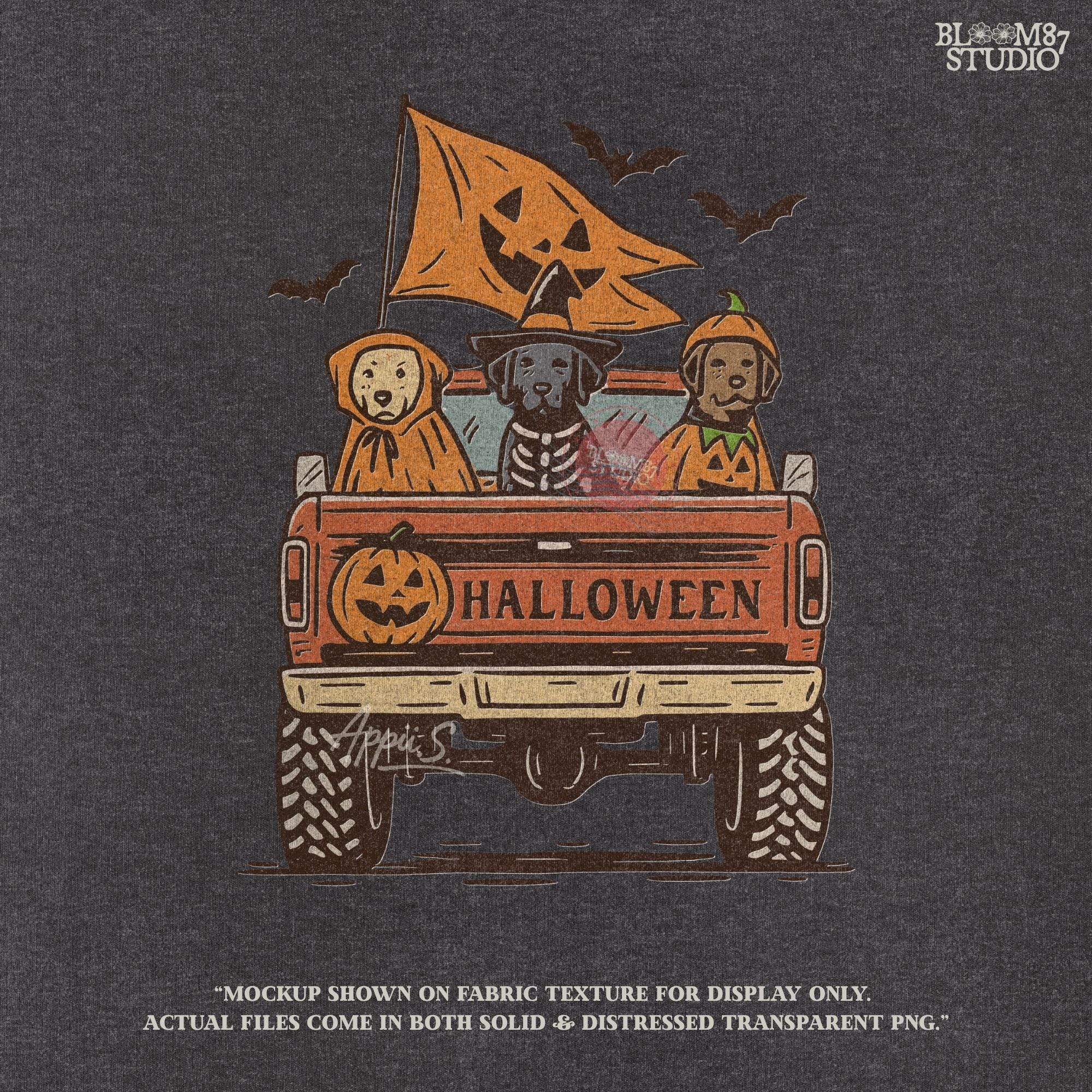 Halloween PNG of three dogs in Halloween costumes riding in a vintage truck with pumpkin flags and bats flying in the background.