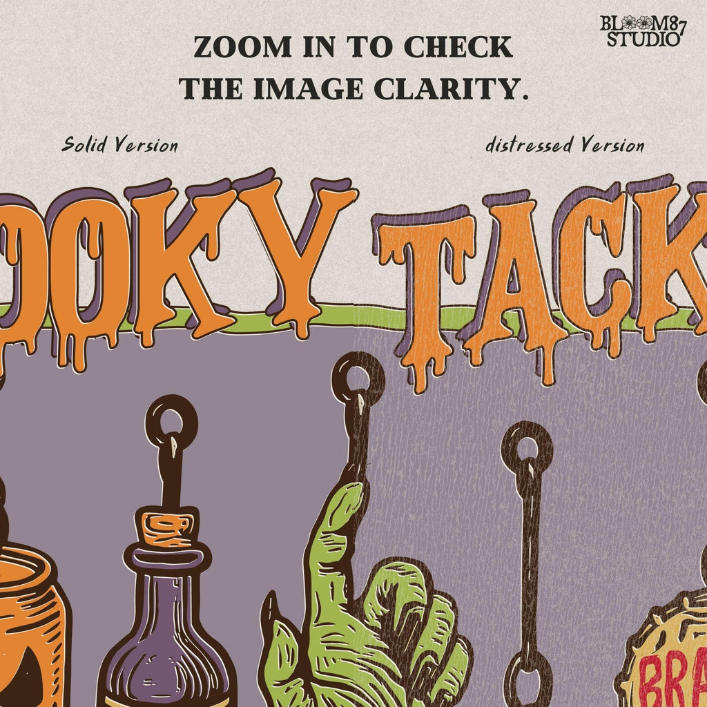 Halloween-themed PNG design showing five spooky fishing lures: pumpkin beer can, witch’s brew bottle, zombie hand, Boo Light cap, and Deadly Brew cap, hanging on hooks.