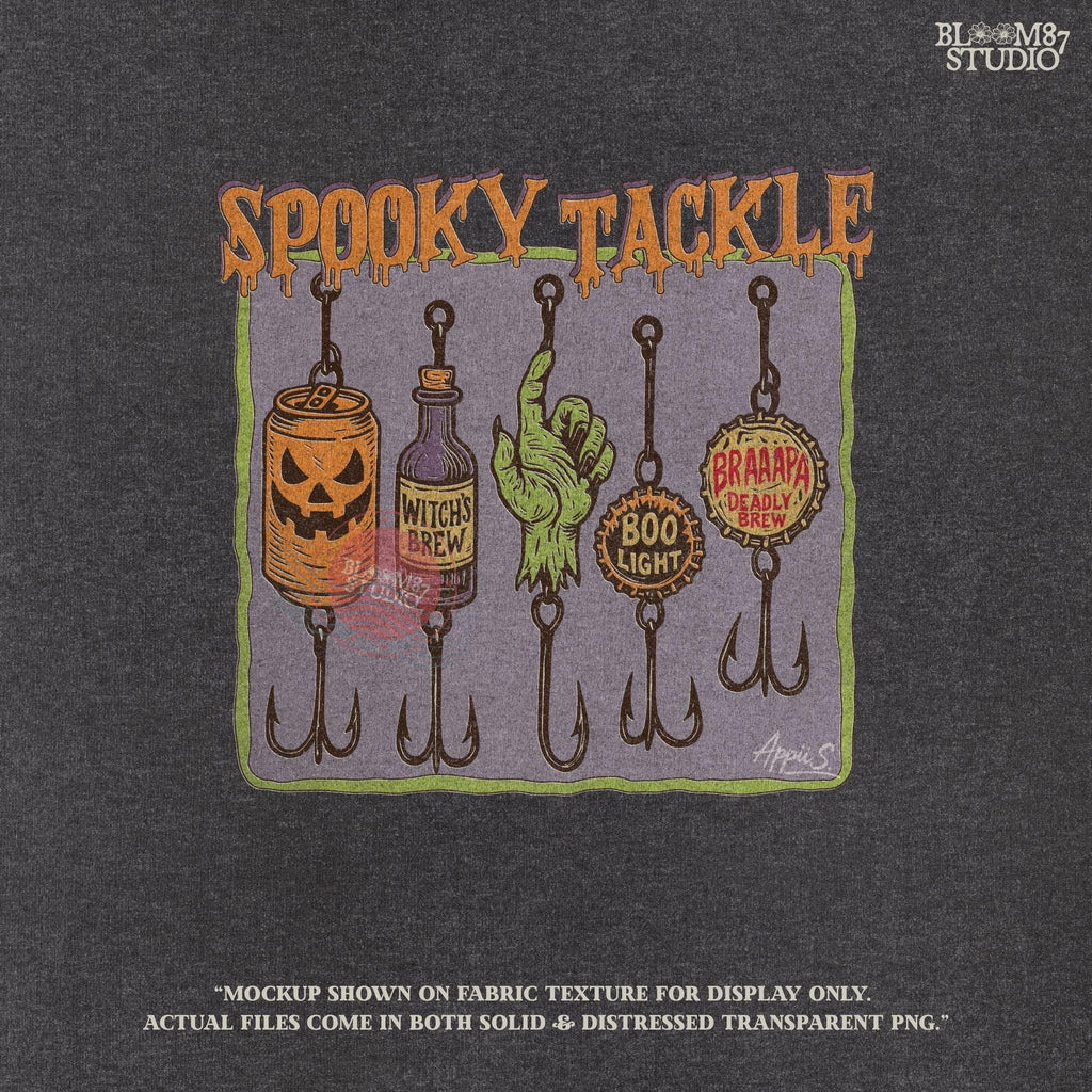 Halloween-themed PNG design showing five spooky fishing lures: pumpkin beer can, witch’s brew bottle, zombie hand, Boo Light cap, and Deadly Brew cap, hanging on hooks.