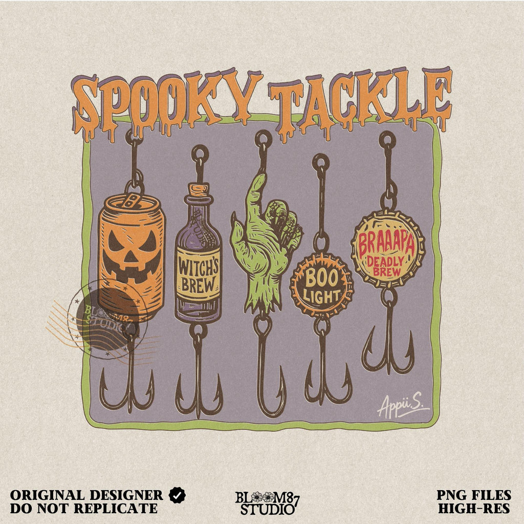 Halloween-themed PNG design showing five spooky fishing lures: pumpkin beer can, witch’s brew bottle, zombie hand, Boo Light cap, and Deadly Brew cap, hanging on hooks.