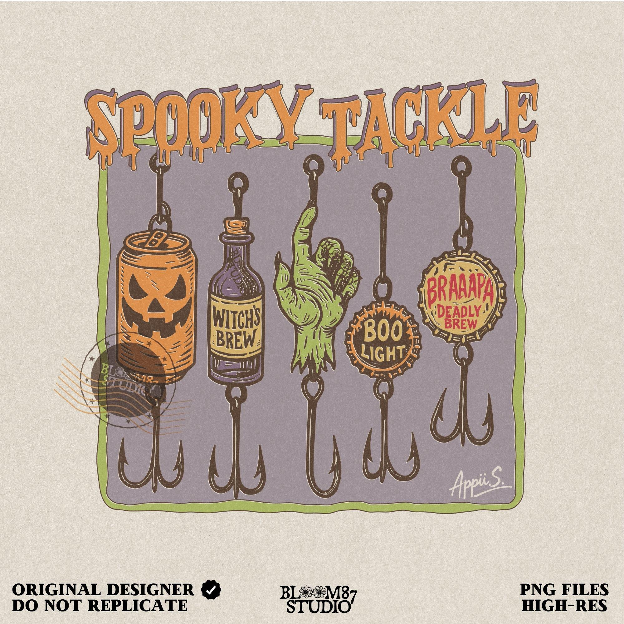 Halloween-themed PNG design showing five spooky fishing lures: pumpkin beer can, witch’s brew bottle, zombie hand, Boo Light cap, and Deadly Brew cap, hanging on hooks.