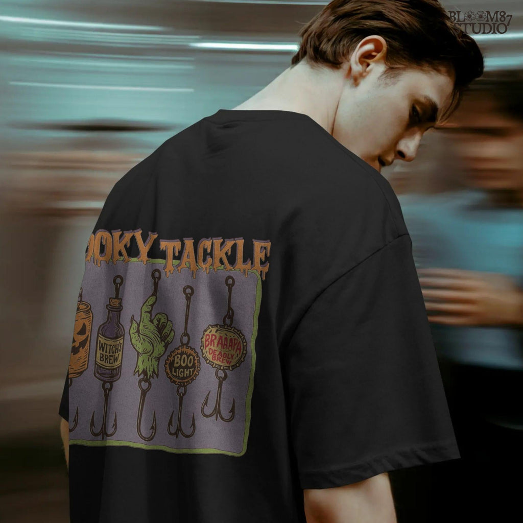 Halloween-themed PNG design showing five spooky fishing lures: pumpkin beer can, witch’s brew bottle, zombie hand, Boo Light cap, and Deadly Brew cap, hanging on hooks.