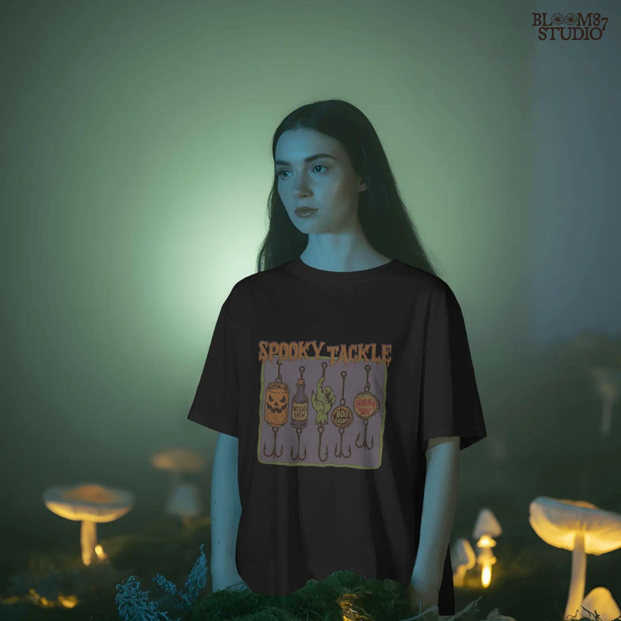 Halloween-themed PNG design showing five spooky fishing lures: pumpkin beer can, witch’s brew bottle, zombie hand, Boo Light cap, and Deadly Brew cap, hanging on hooks.