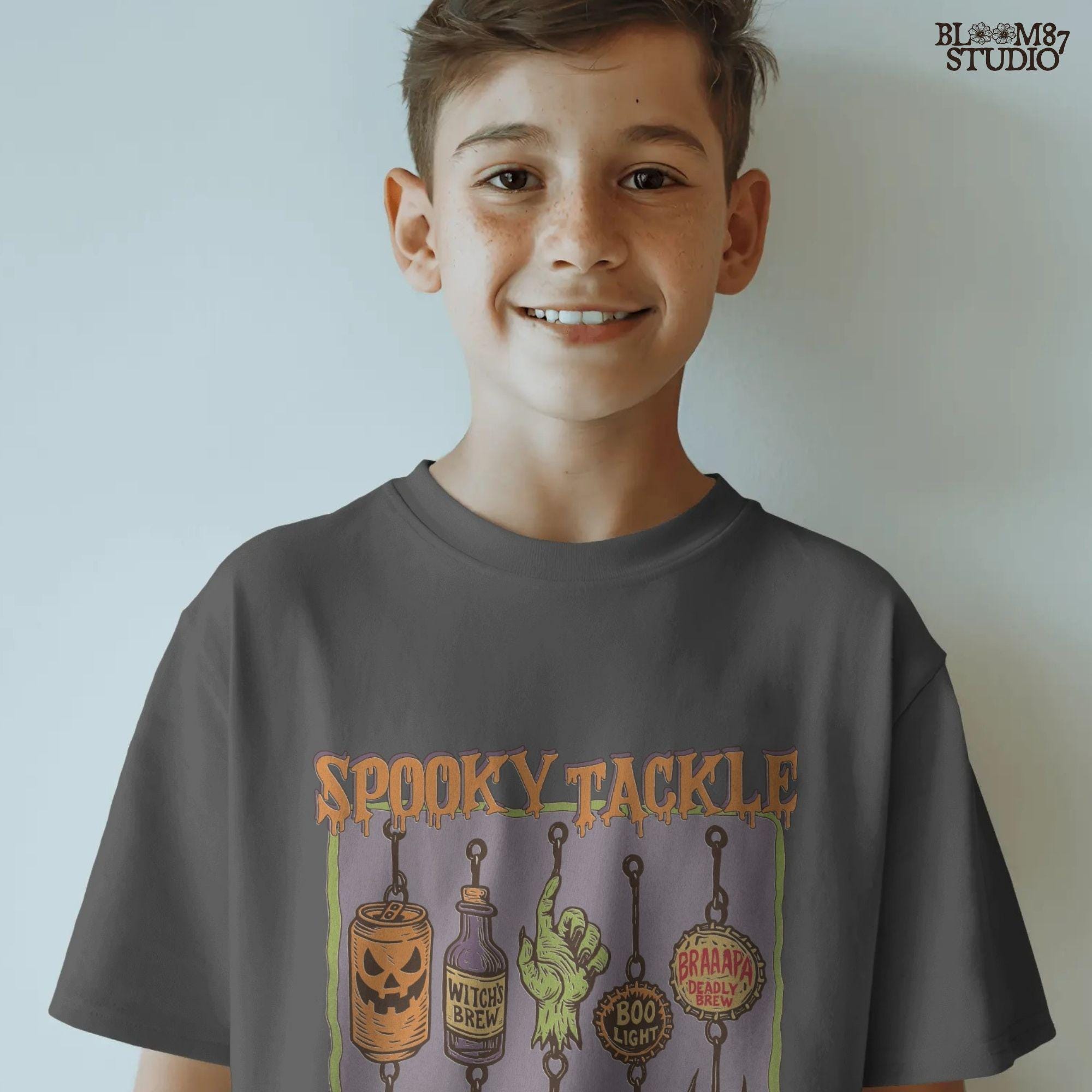 Halloween-themed PNG design showing five spooky fishing lures: pumpkin beer can, witch’s brew bottle, zombie hand, Boo Light cap, and Deadly Brew cap, hanging on hooks.