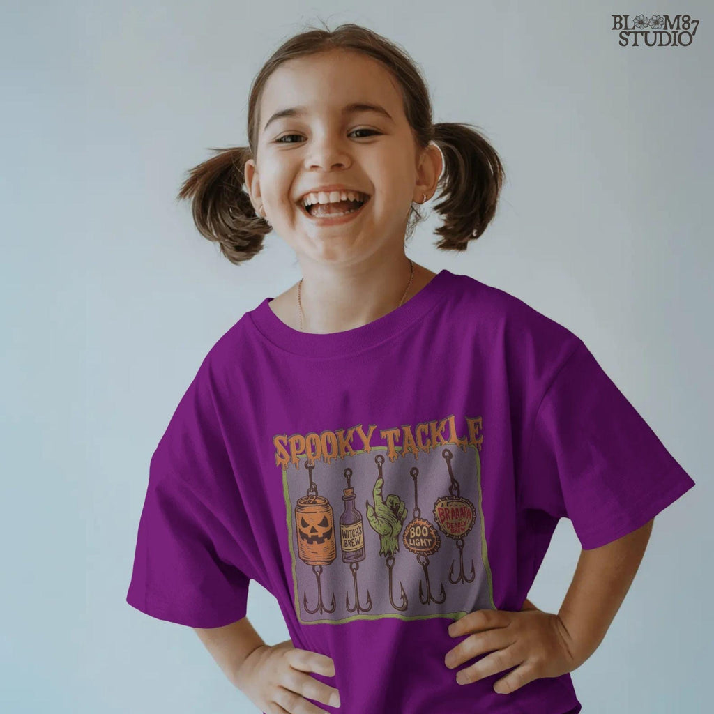 Halloween-themed PNG design showing five spooky fishing lures: pumpkin beer can, witch’s brew bottle, zombie hand, Boo Light cap, and Deadly Brew cap, hanging on hooks.