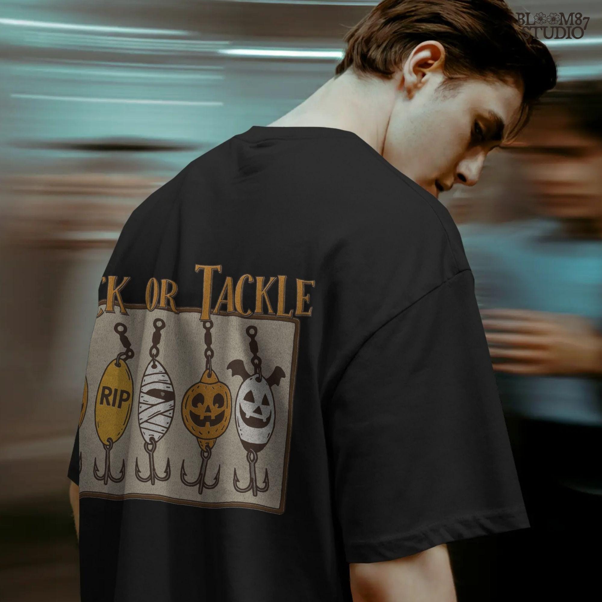 Funny Halloween sublimation PNG with five fishing lures designed as spooky characters: jack-o’-lanterns, tombstone, mummy, ghost, and bat, under “Trick or Tackle” text.