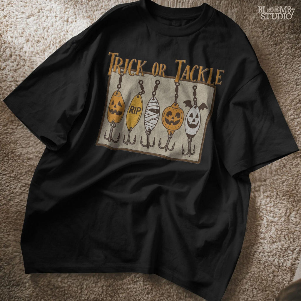 Funny Halloween sublimation PNG with five fishing lures designed as spooky characters: jack-o’-lanterns, tombstone, mummy, ghost, and bat, under “Trick or Tackle” text.Funny Halloween sublimation PNG with five fishing lures designed as spooky characters: jack-o’-lanterns, tombstone, mummy, ghost, and bat, under “Trick or Tackle” text.