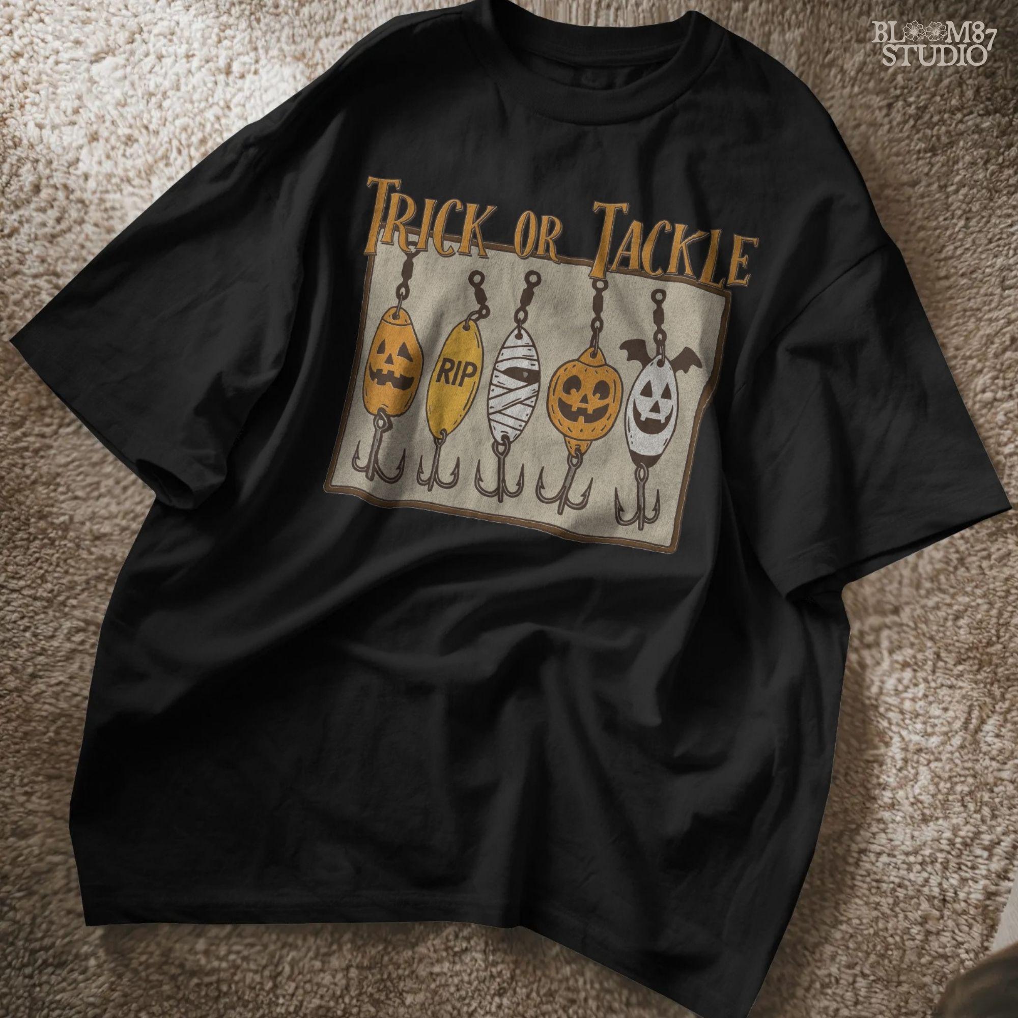 Funny Halloween sublimation PNG with five fishing lures designed as spooky characters: jack-o’-lanterns, tombstone, mummy, ghost, and bat, under “Trick or Tackle” text.Funny Halloween sublimation PNG with five fishing lures designed as spooky characters: jack-o’-lanterns, tombstone, mummy, ghost, and bat, under “Trick or Tackle” text.