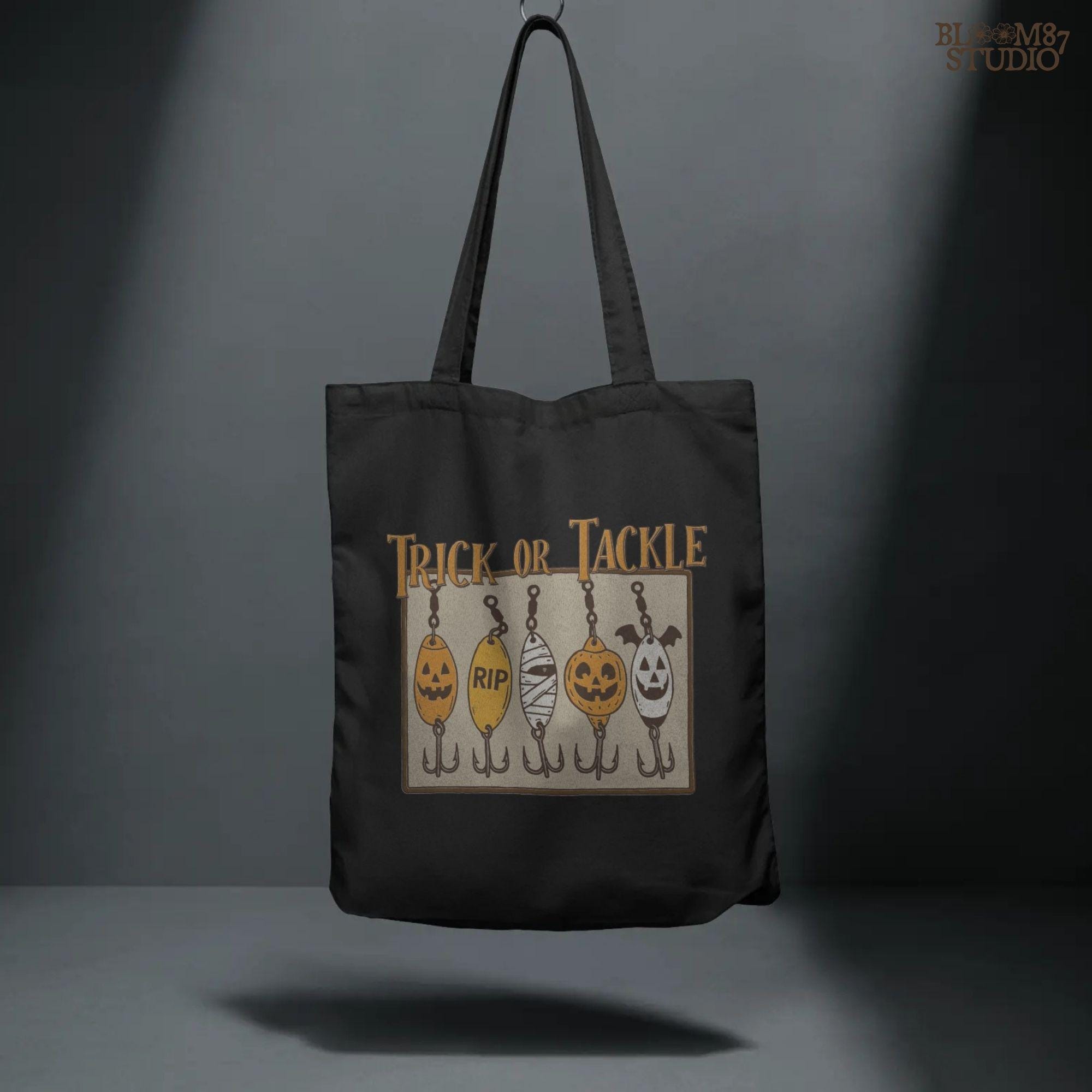 Funny Halloween sublimation PNG with five fishing lures designed as spooky characters: jack-o’-lanterns, tombstone, mummy, ghost, and bat, under “Trick or Tackle” text.