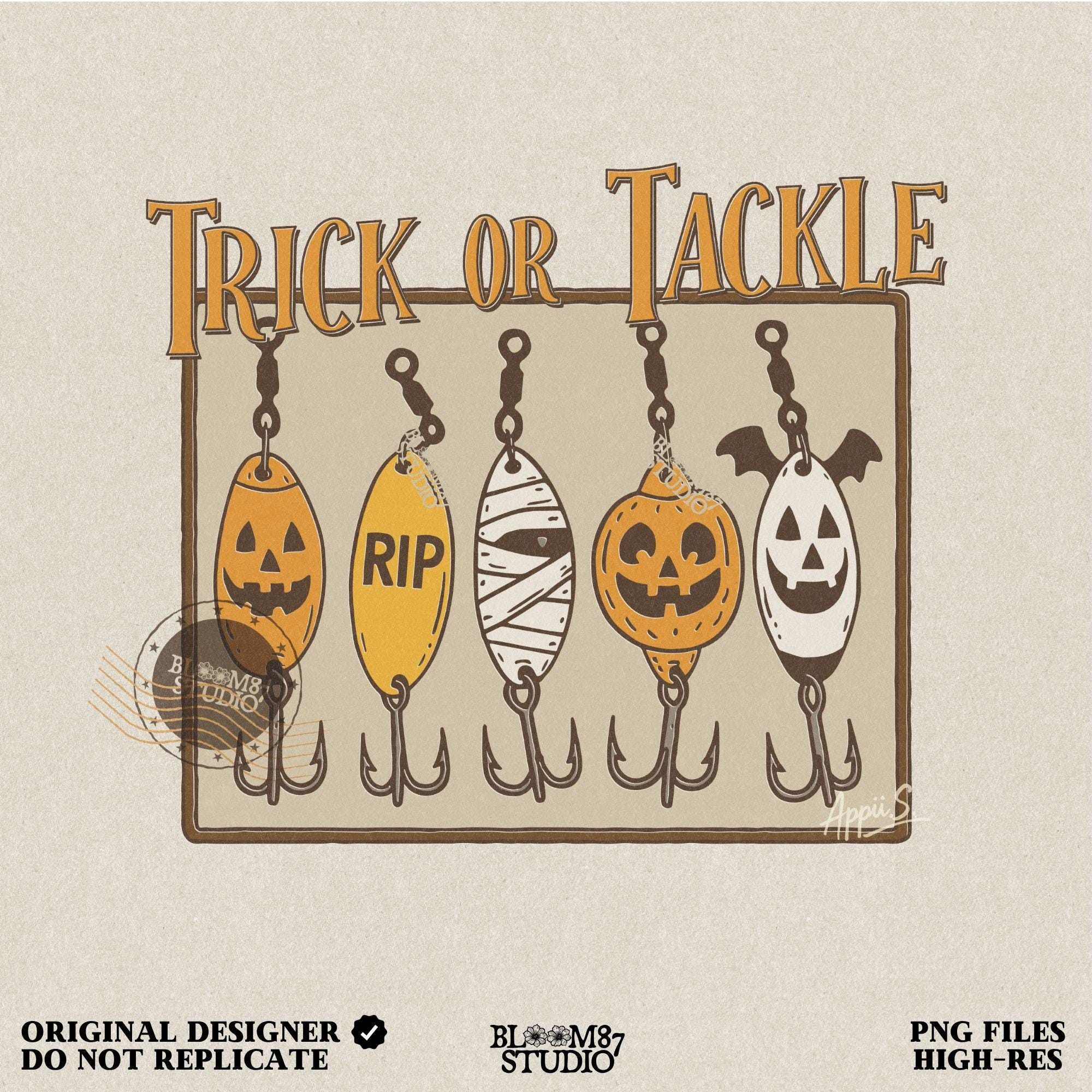 Funny Halloween sublimation PNG with five fishing lures designed as spooky characters: jack-o’-lanterns, tombstone, mummy, ghost, and bat, under “Trick or Tackle” text.