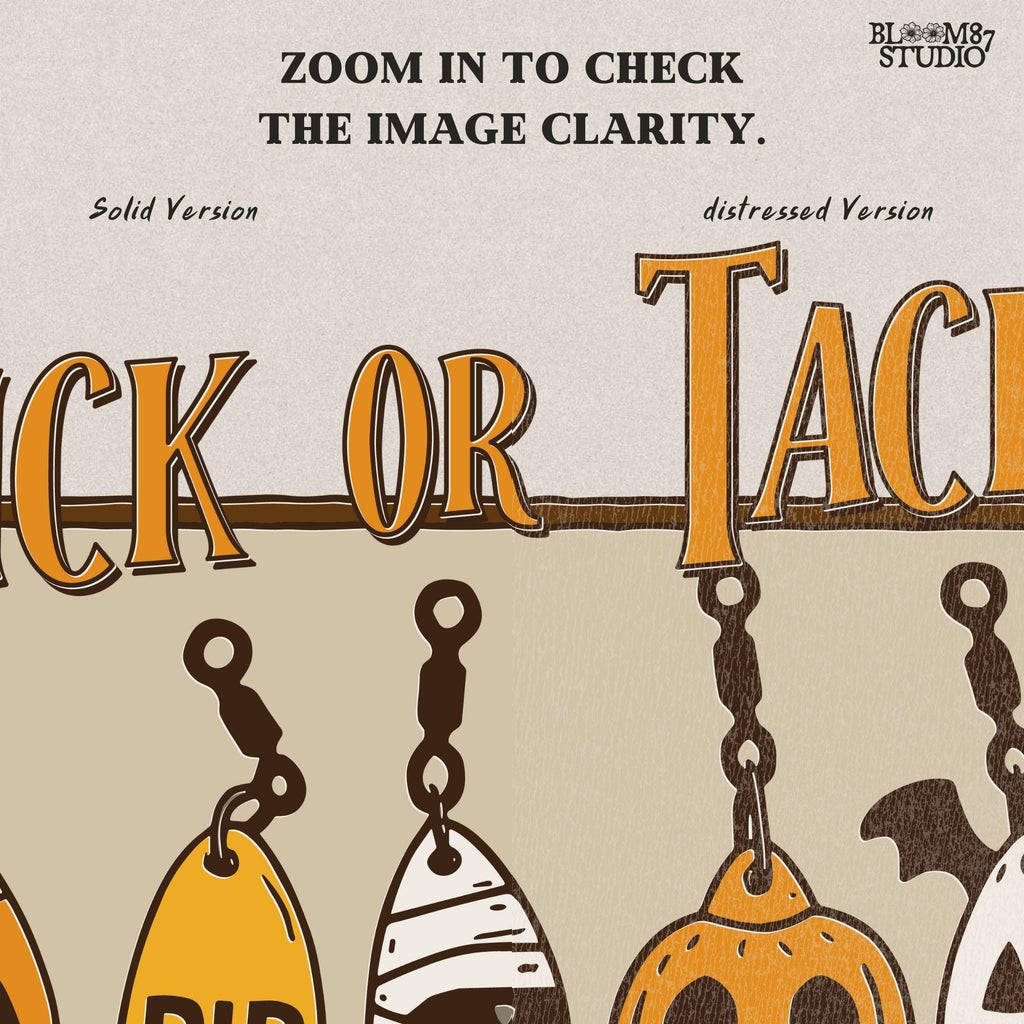 Funny Halloween sublimation PNG with five fishing lures designed as spooky characters: jack-o’-lanterns, tombstone, mummy, ghost, and bat, under “Trick or Tackle” text.