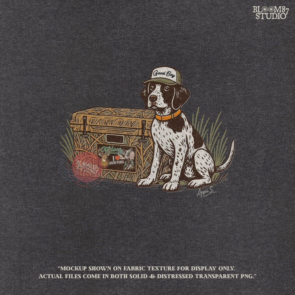 Pointer Hunting Dog PNG, Good Boy with Camo Cooler Sublimation, Duck Dog Clipart, Outdoor Camo Gear Graphic, Camping & Fishing Designs PNG