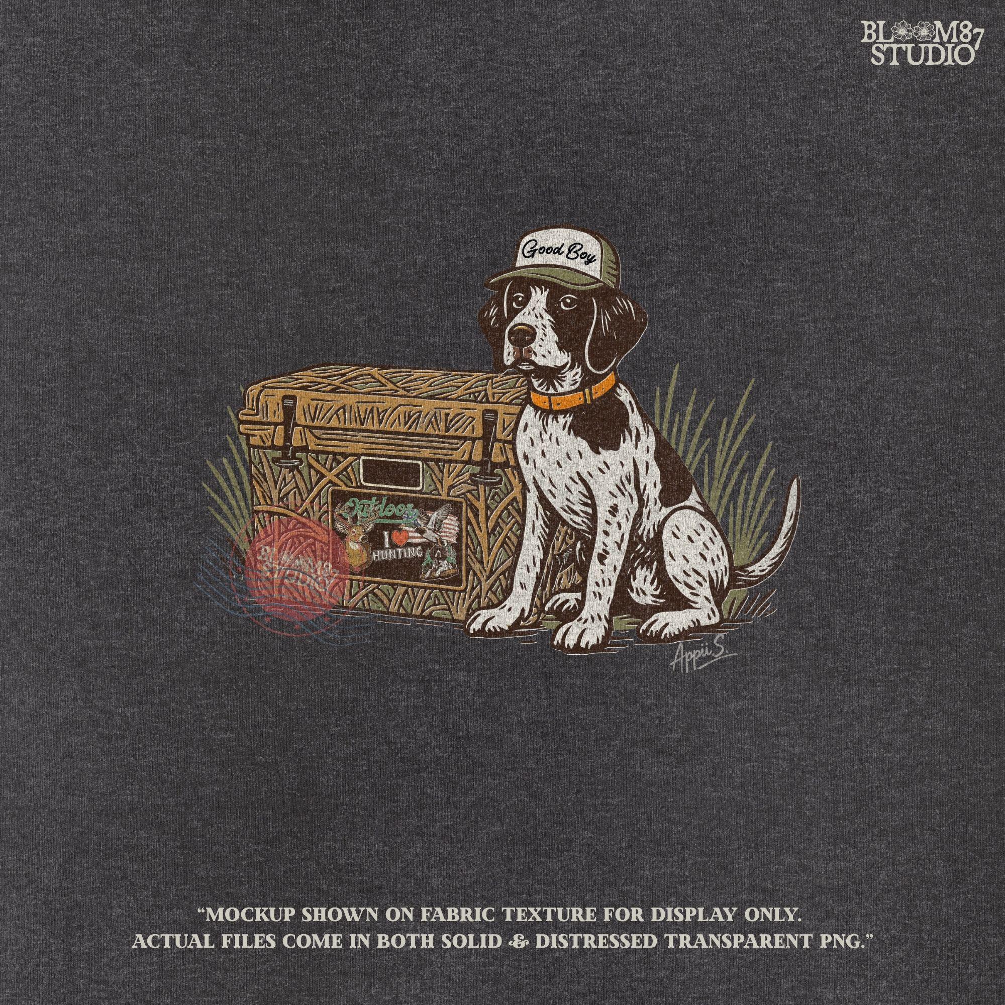 Pointer Hunting Dog PNG, Good Boy with Camo Cooler Sublimation, Duck Dog Clipart, Outdoor Camo Gear Graphic, Camping & Fishing Designs PNG