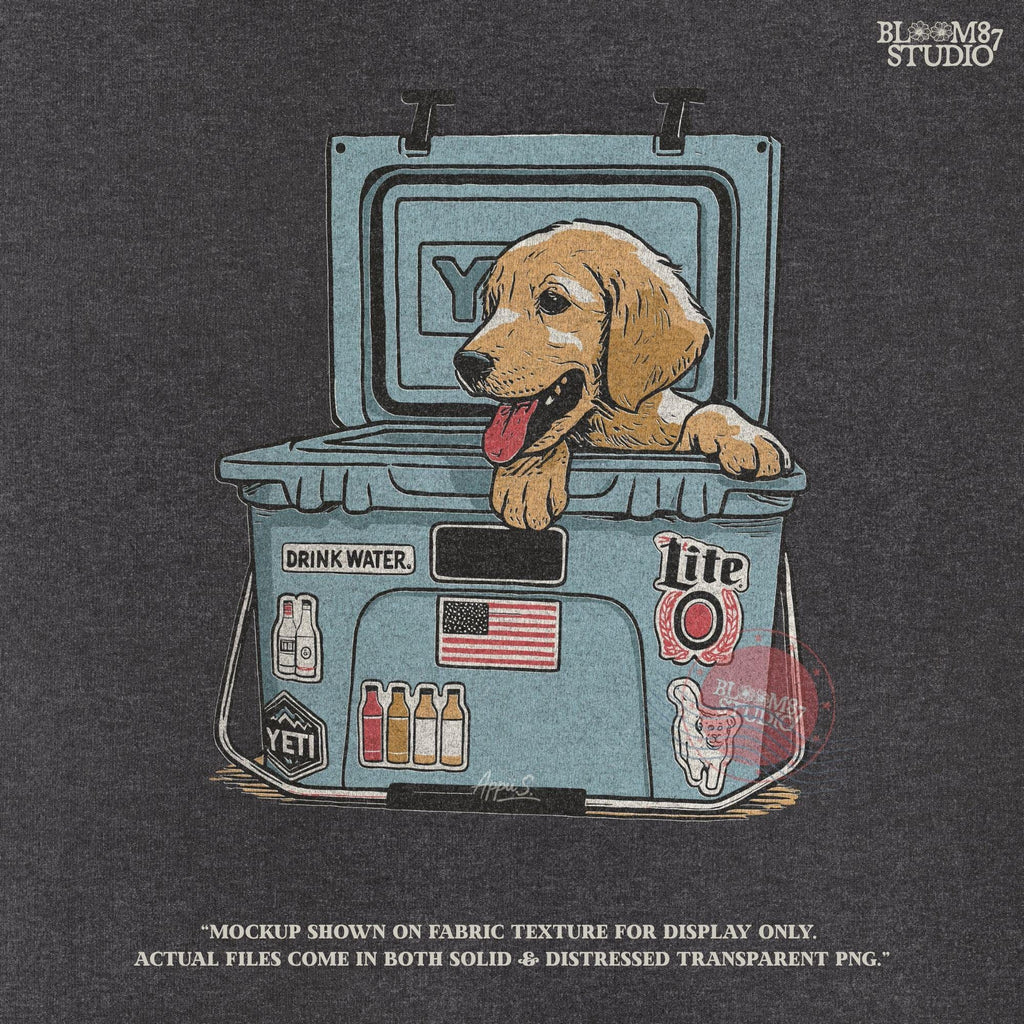 Illustration of a golden retriever puppy sitting inside a YETI cooler covered in stickers, designed for sublimation and lake life dog dad gifts.