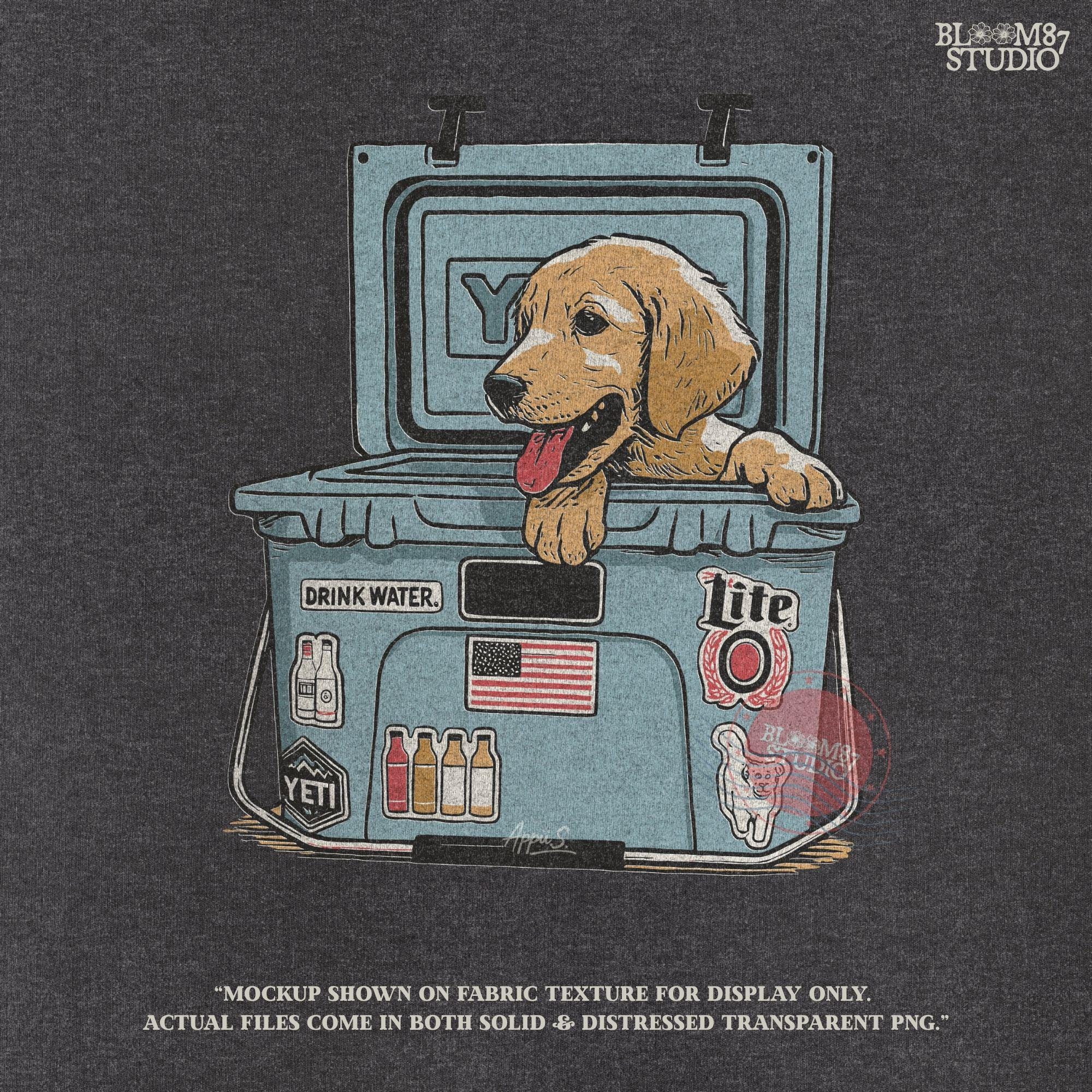 Illustration of a golden retriever puppy sitting inside a YETI cooler covered in stickers, designed for sublimation and lake life dog dad gifts.
