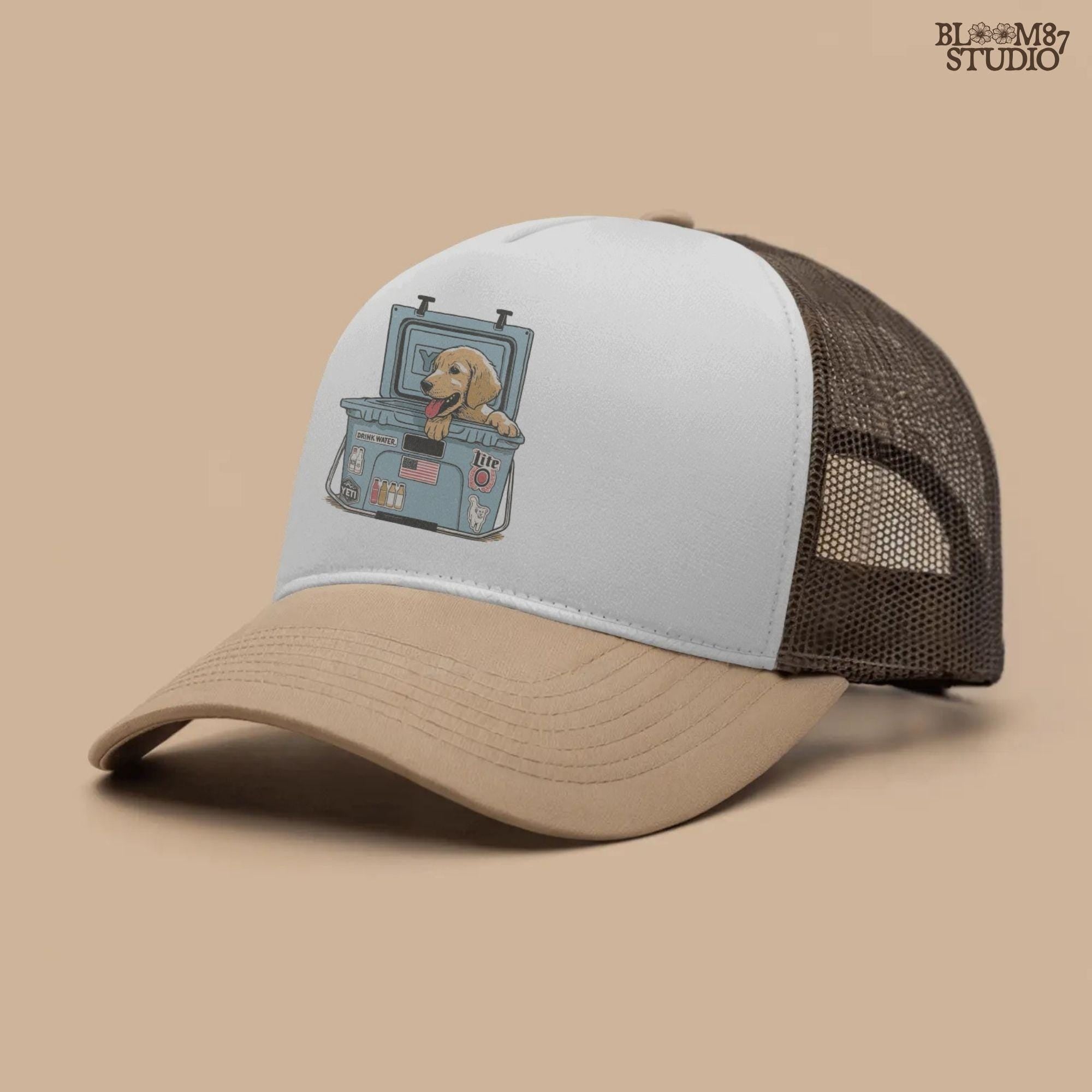 Illustration of a golden retriever puppy sitting inside a YETI cooler covered in stickers, designed for sublimation and lake life dog dad gifts.