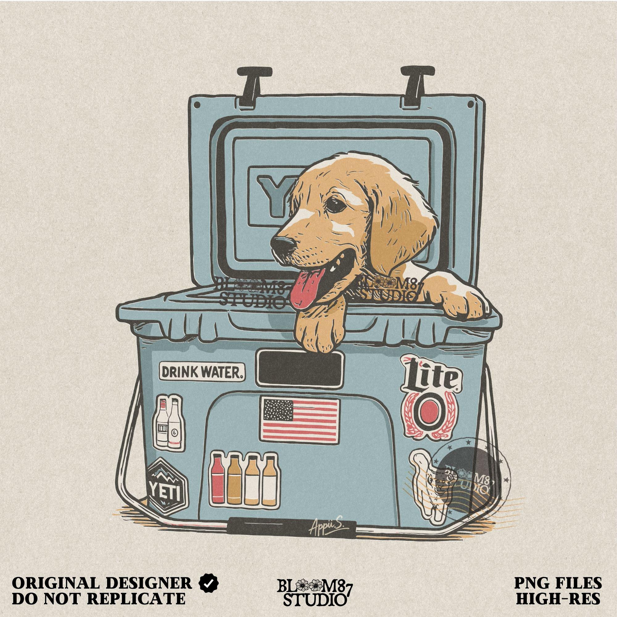 Illustration of a golden retriever puppy sitting inside a YETI cooler covered in stickers, designed for sublimation and lake life dog dad gifts.