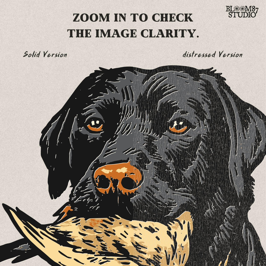 Black Labrador retriever sitting with a dove in its mouth, illustrated for dove hunting sublimation projects and bird dog gift designs.