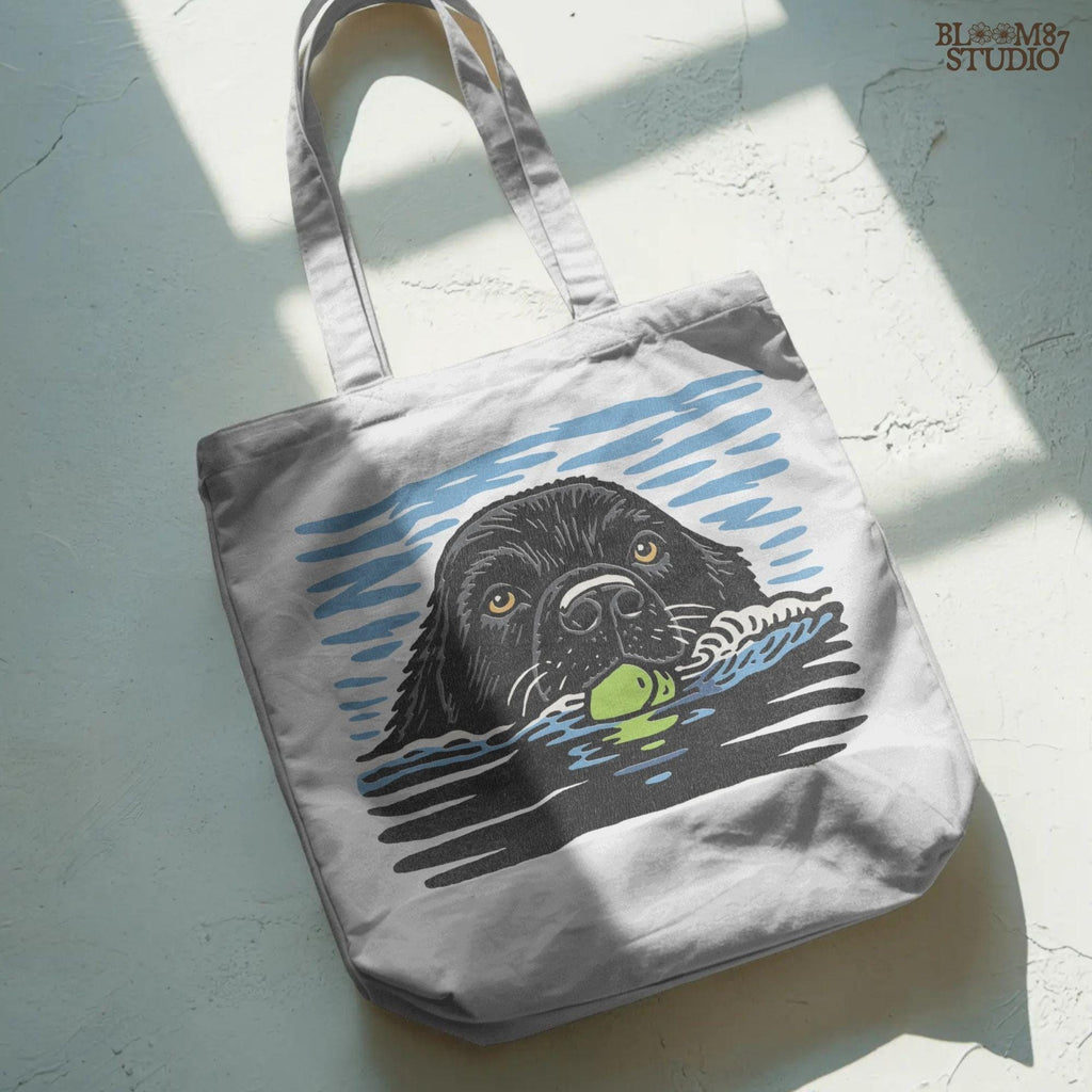 Black Labrador retriever swimming in water while holding a green tennis ball, drawn in vintage style for sublimation and dog lover projects.