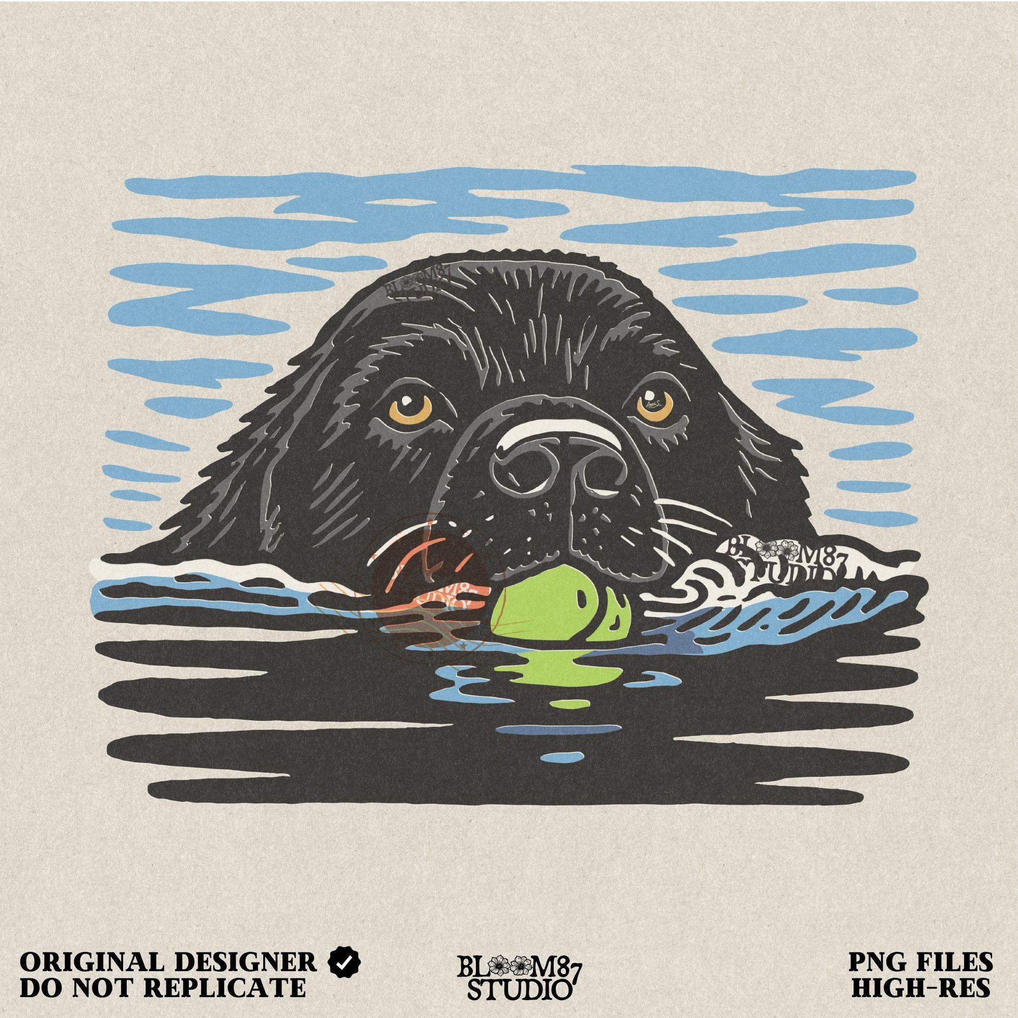 Black Labrador retriever swimming in water while holding a green tennis ball, drawn in vintage style for sublimation and dog lover projects.