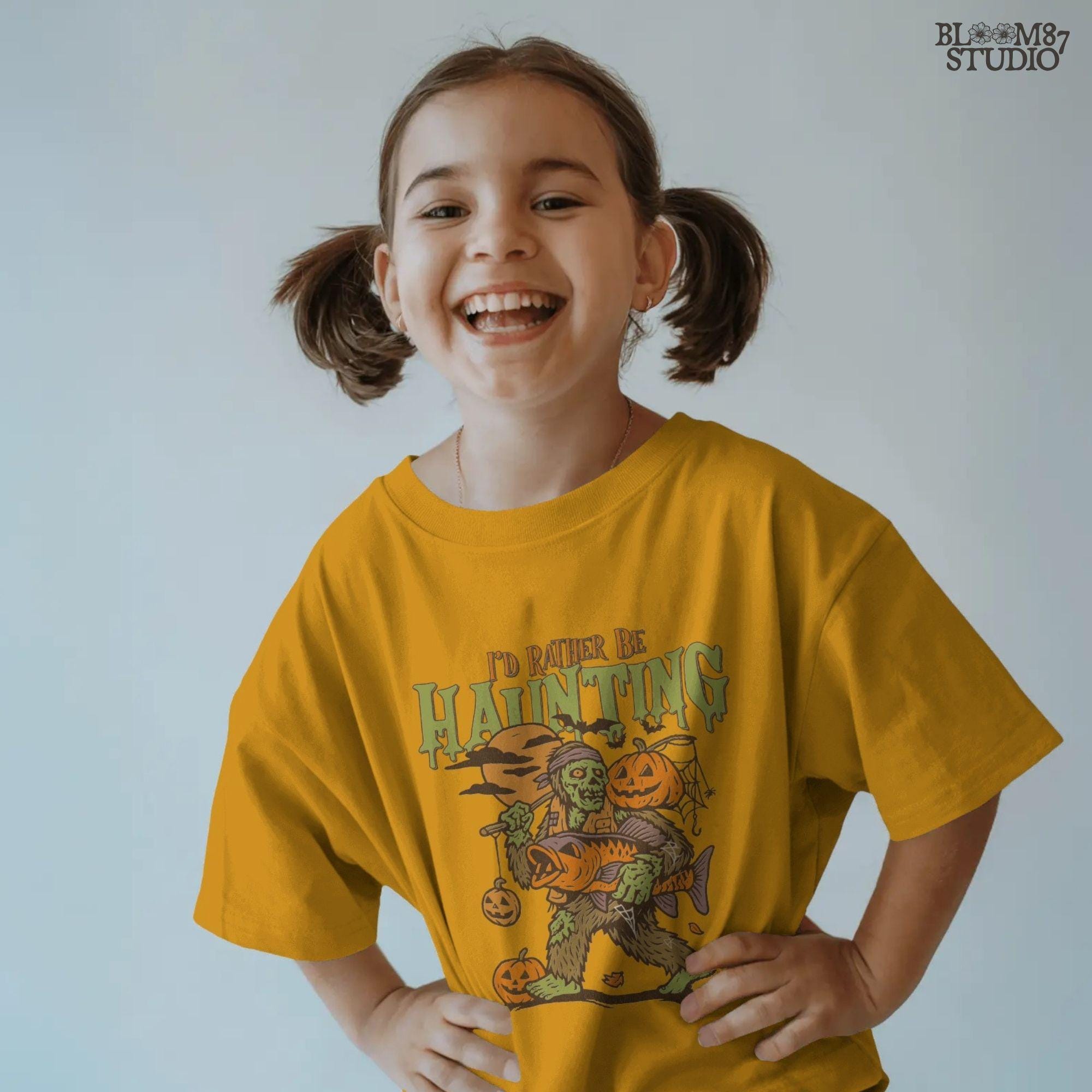 Zombie fisherman walking with a giant bass fish and jack-o’-lanterns, surrounded by bats and full moon, Halloween-themed sublimation clipart.