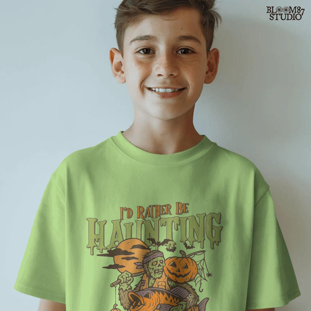 Zombie fisherman walking with a giant bass fish and jack-o’-lanterns, surrounded by bats and full moon, Halloween-themed sublimation clipart.