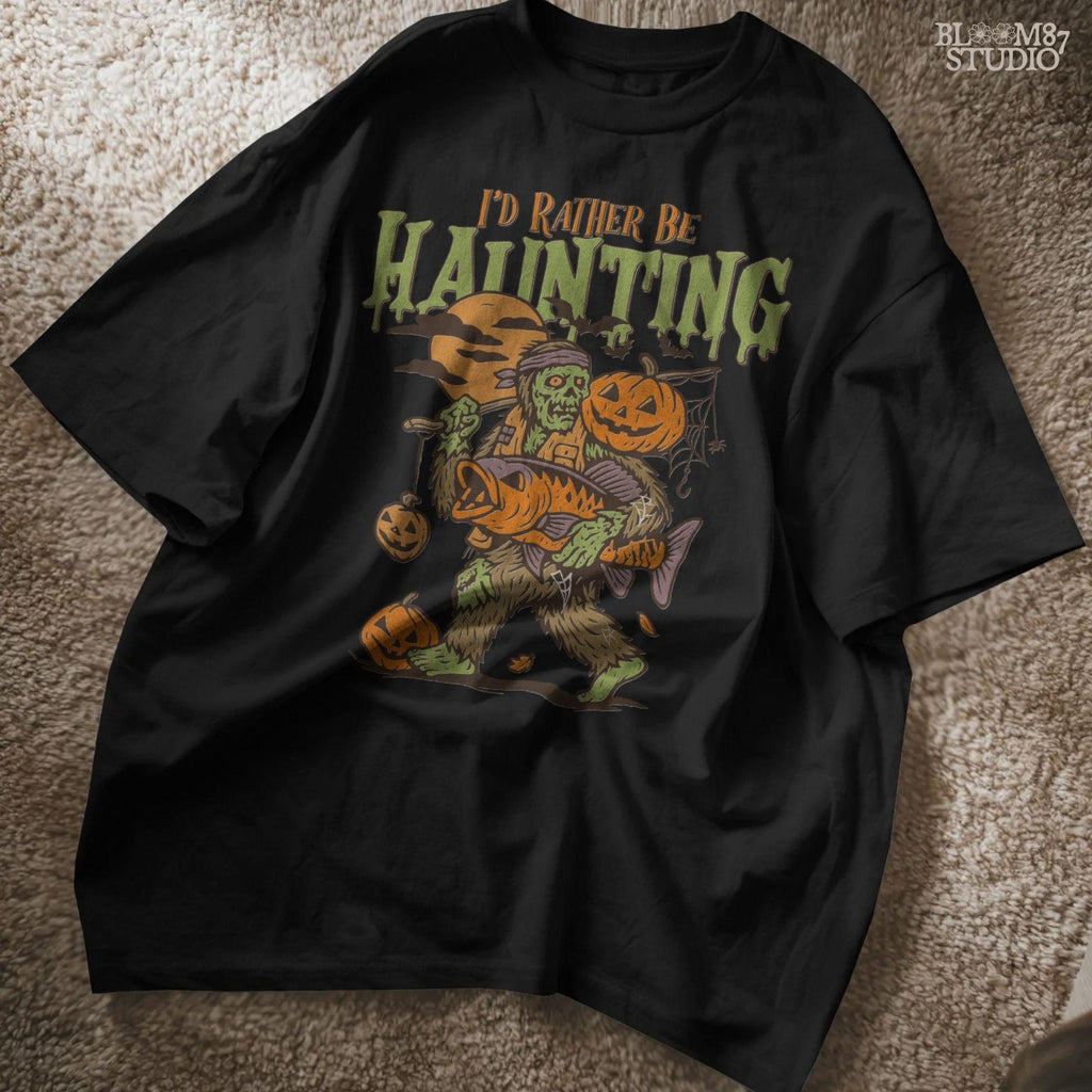 Zombie fisherman walking with a giant bass fish and jack-o’-lanterns, surrounded by bats and full moon, Halloween-themed sublimation clipart.