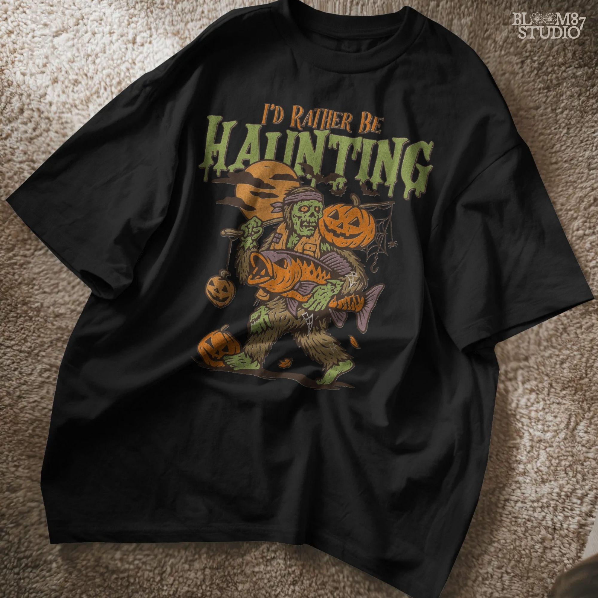 Zombie fisherman walking with a giant bass fish and jack-o’-lanterns, surrounded by bats and full moon, Halloween-themed sublimation clipart.