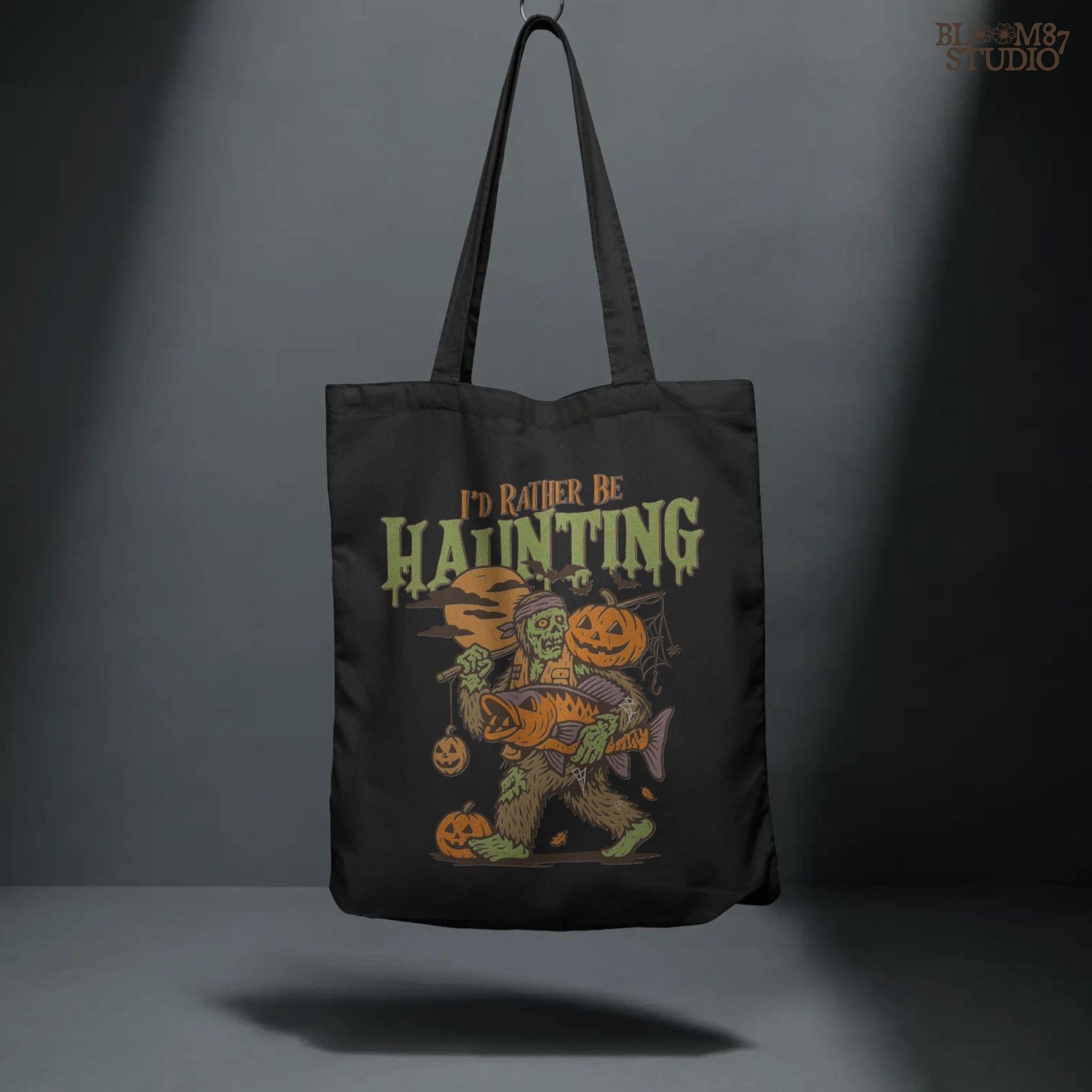 Zombie fisherman walking with a giant bass fish and jack-o’-lanterns, surrounded by bats and full moon, Halloween-themed sublimation clipart.