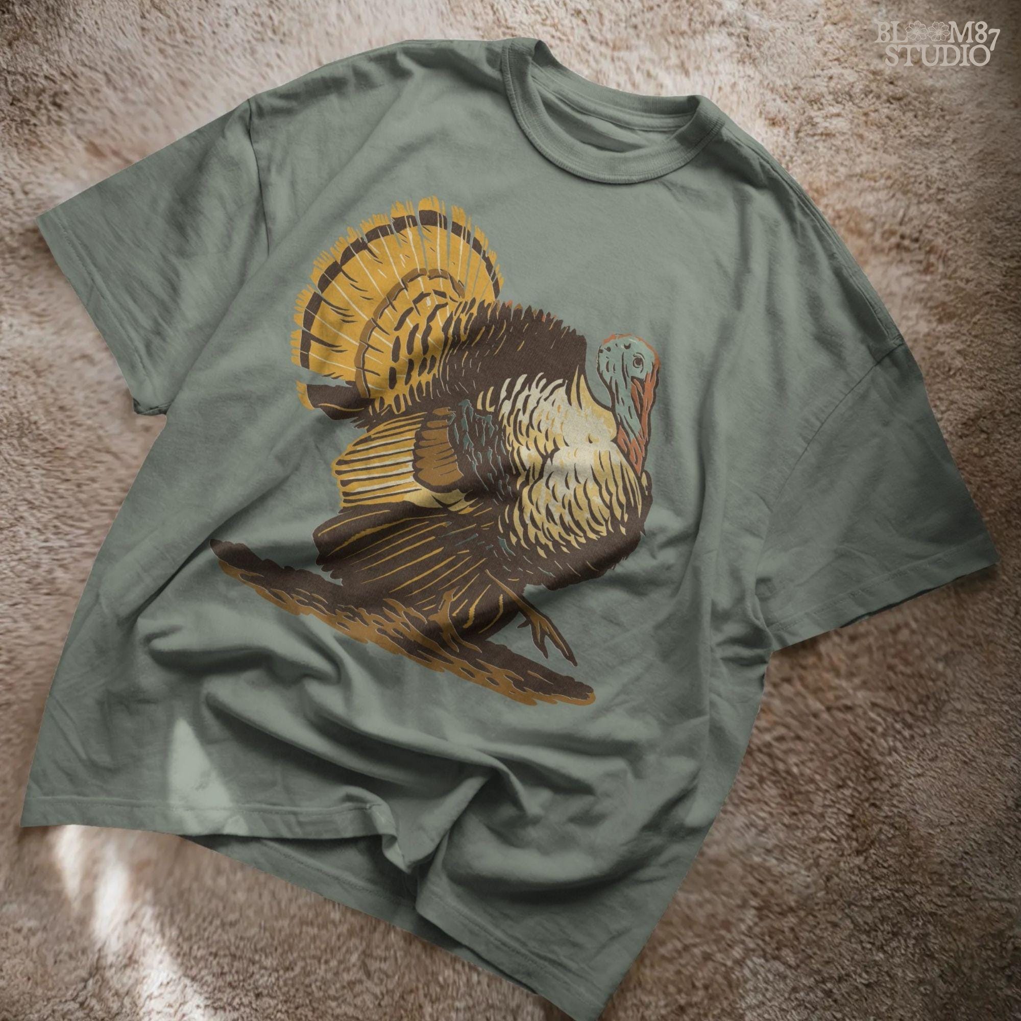 Hand-drawn wild turkey illustration with rich fall colors, showing full feathers and strut posture, ideal for Thanksgiving sublimation design.