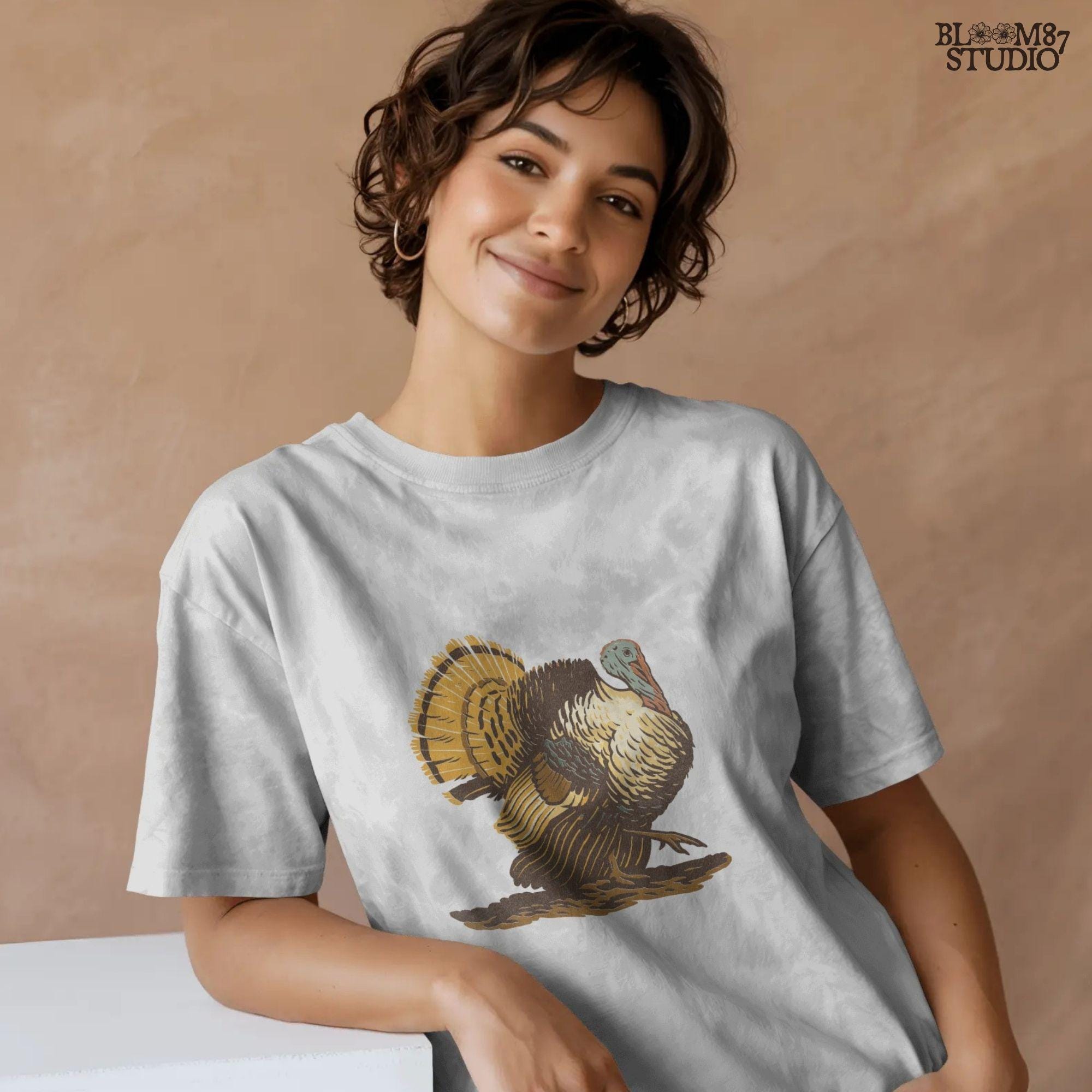 Hand-drawn wild turkey illustration with rich fall colors, showing full feathers and strut posture, ideal for Thanksgiving sublimation design.