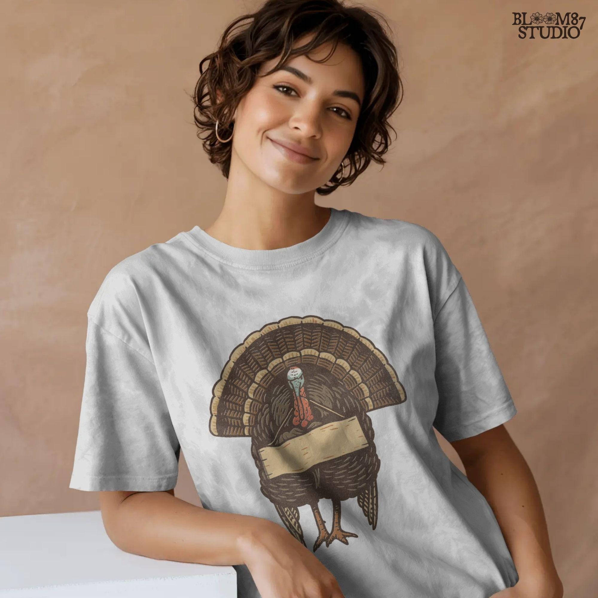 Retro-style Thanksgiving turkey standing upright holding a blank wooden sign, designed for editable sublimation or customizable fall craft projects.