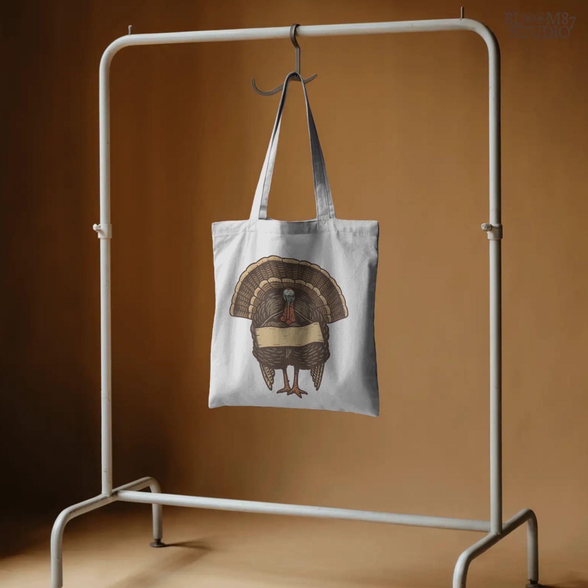 Retro-style Thanksgiving turkey standing upright holding a blank wooden sign, designed for editable sublimation or customizable fall craft projects.