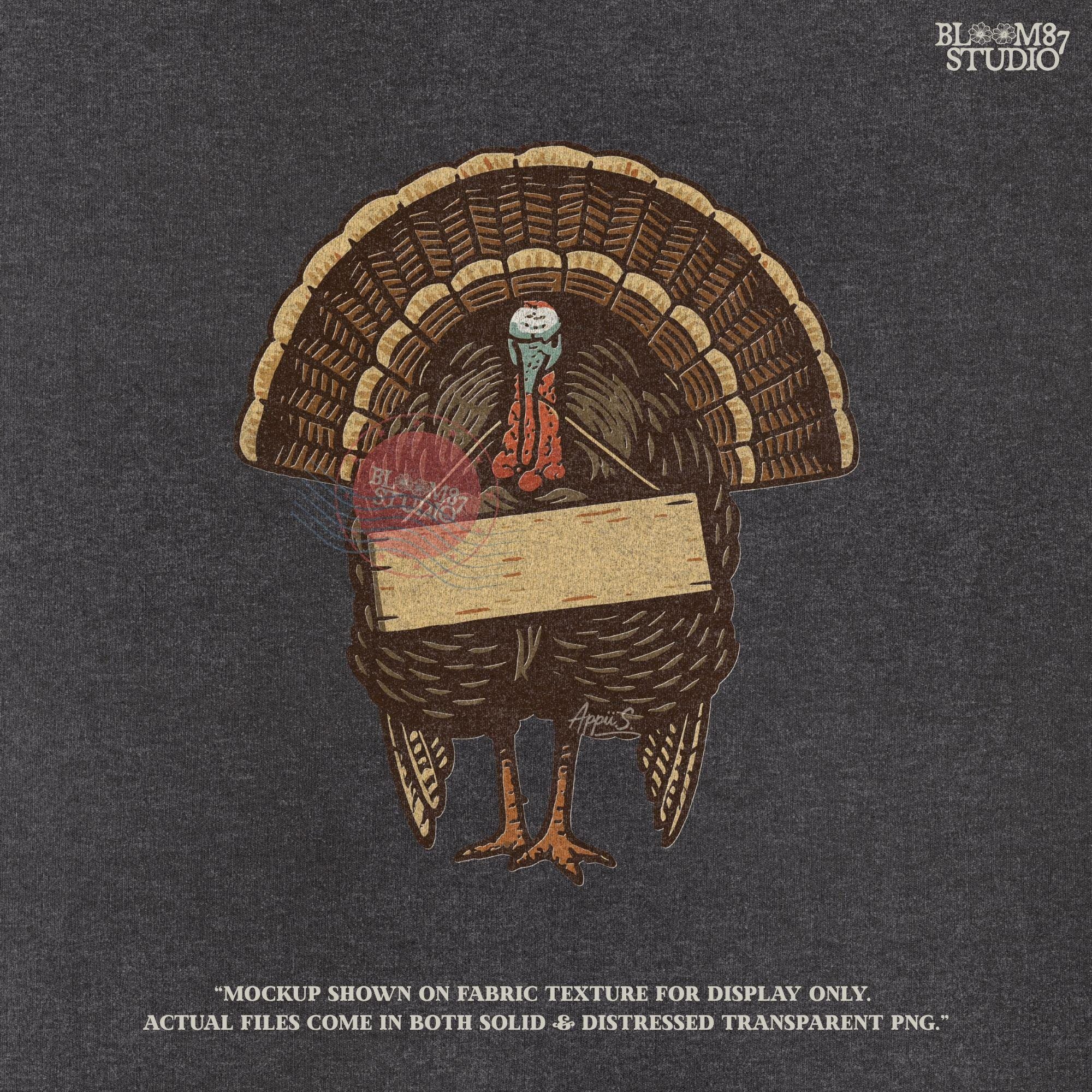 Retro-style Thanksgiving turkey standing upright holding a blank wooden sign, designed for editable sublimation or customizable fall craft projects.