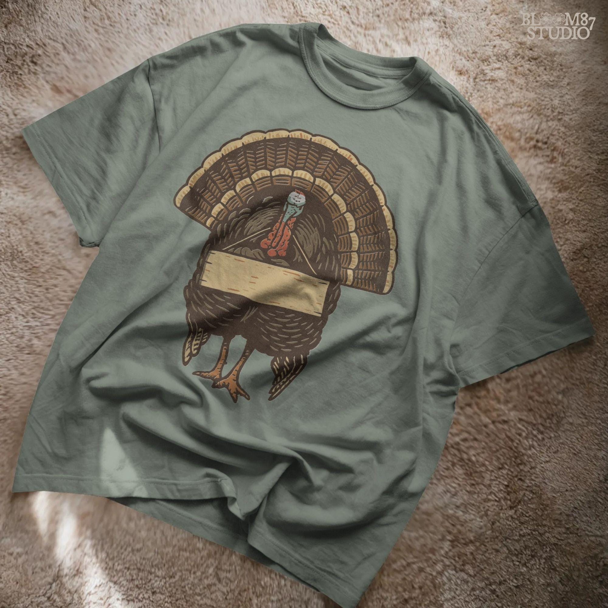 Retro-style Thanksgiving turkey standing upright holding a blank wooden sign, designed for editable sublimation or customizable fall craft projects.
