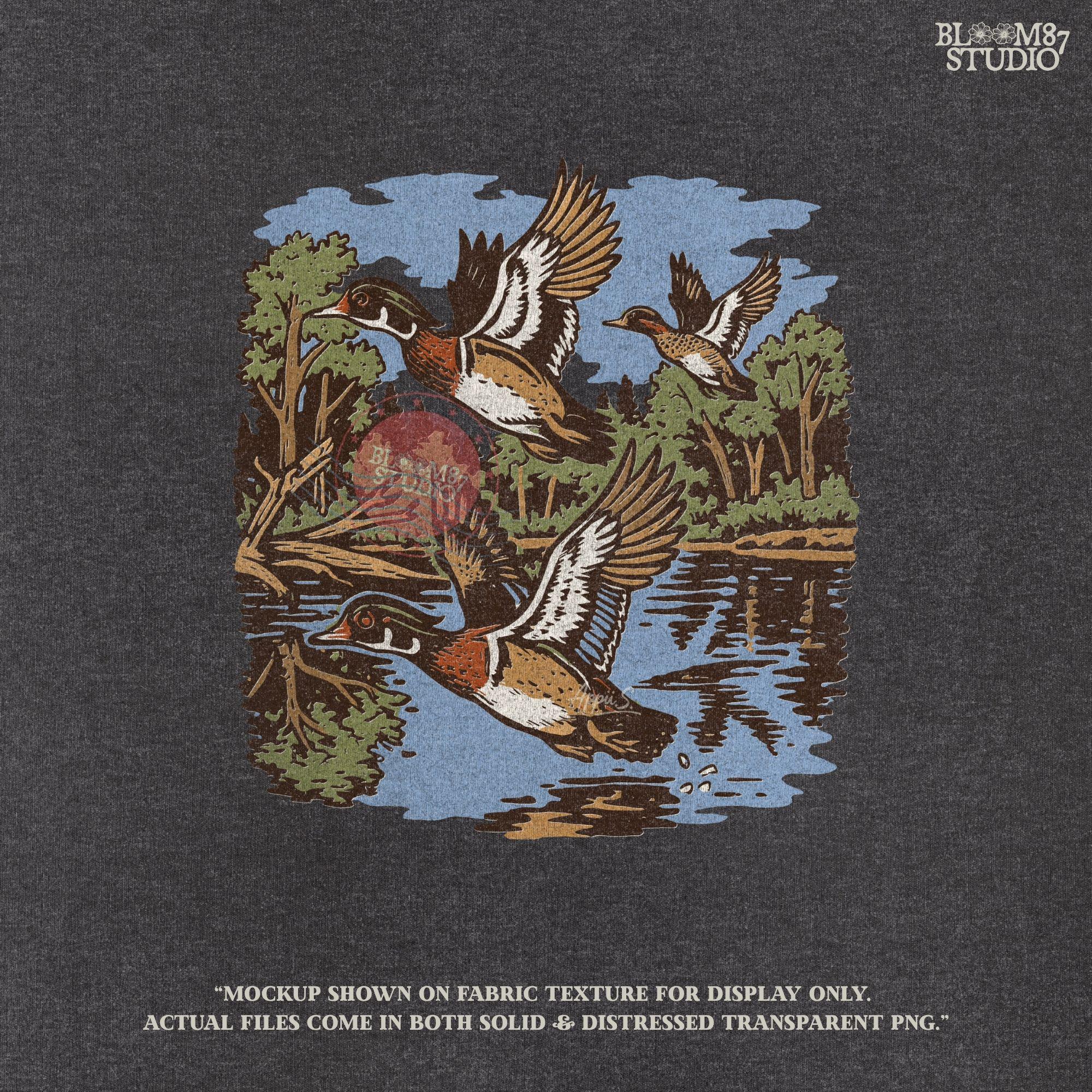 Vintage wood duck artwork showing ducks flying over a calm forest lake, perfect for fall hunting-themed sublimation designs and rustic crafts.