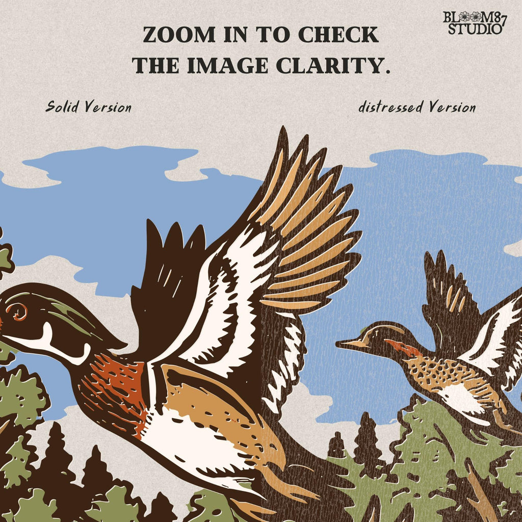 Vintage wood duck artwork showing ducks flying over a calm forest lake, perfect for fall hunting-themed sublimation designs and rustic crafts.