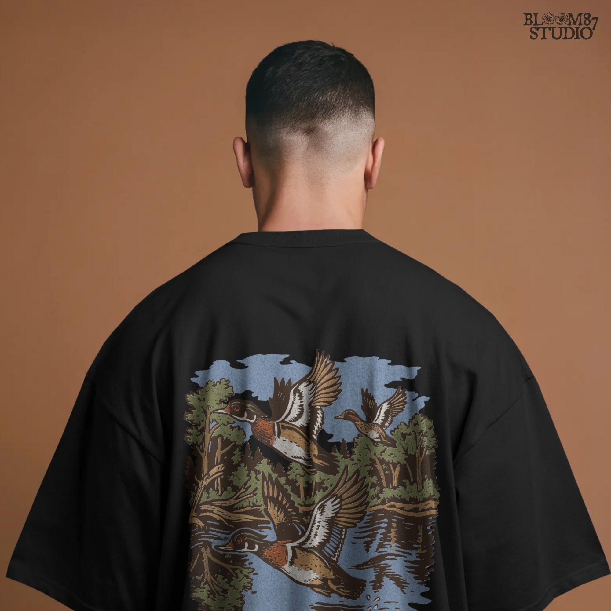 Vintage wood duck artwork showing ducks flying over a calm forest lake, perfect for fall hunting-themed sublimation designs and rustic crafts.