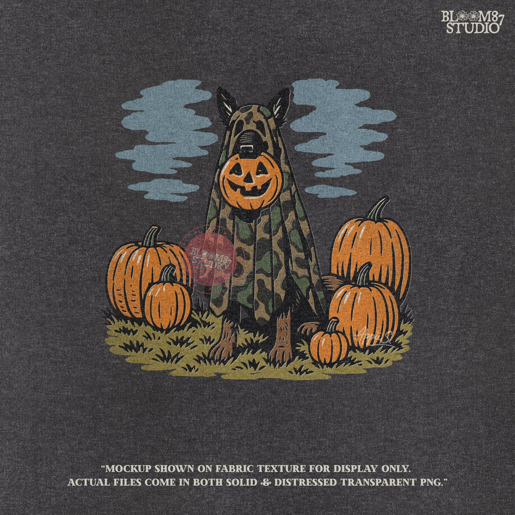 German Shepherd in camouflage ghost costume with jack-o’-lantern head surrounded by pumpkins, Halloween-themed sublimation design