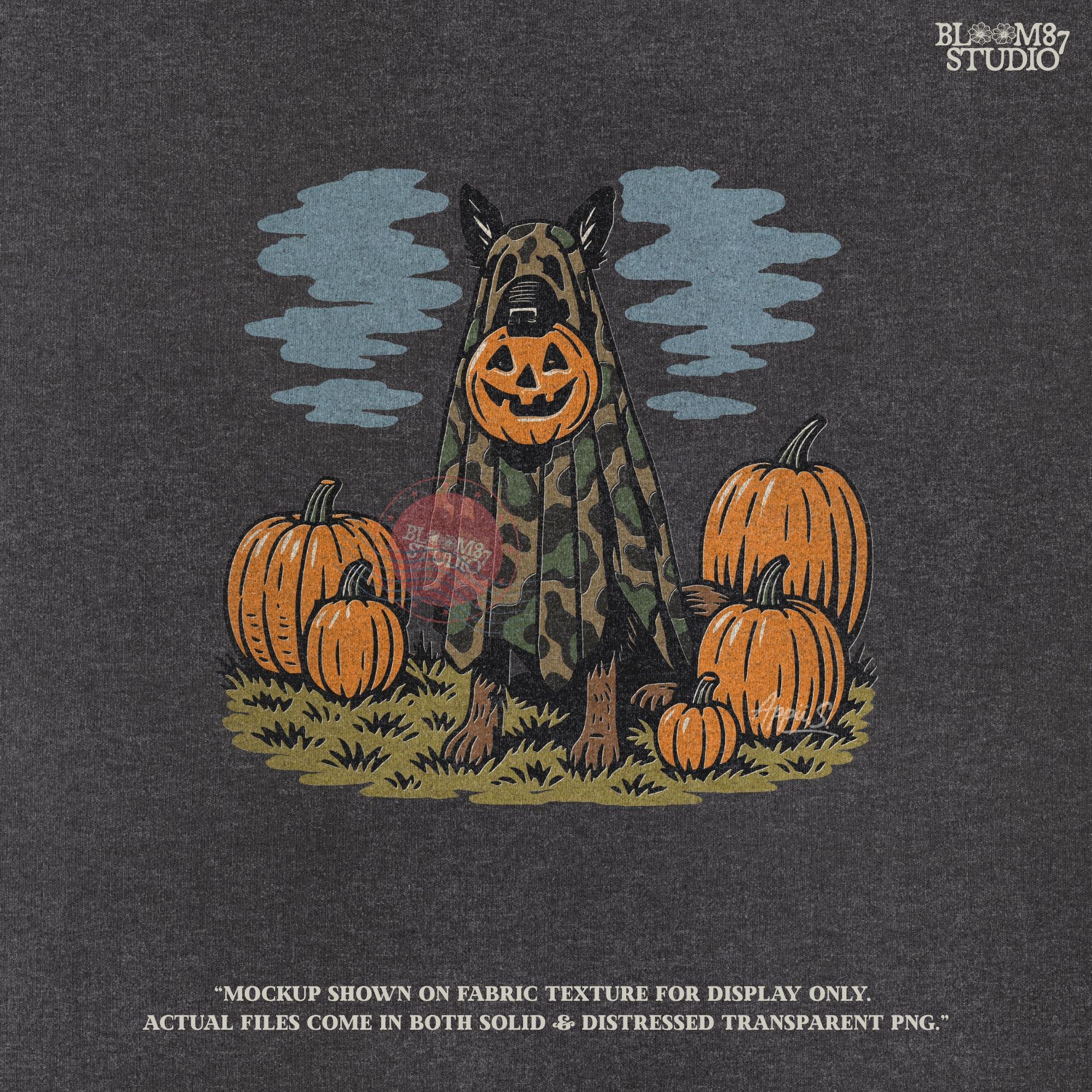 German Shepherd in camouflage ghost costume with jack-o’-lantern head surrounded by pumpkins, Halloween-themed sublimation design