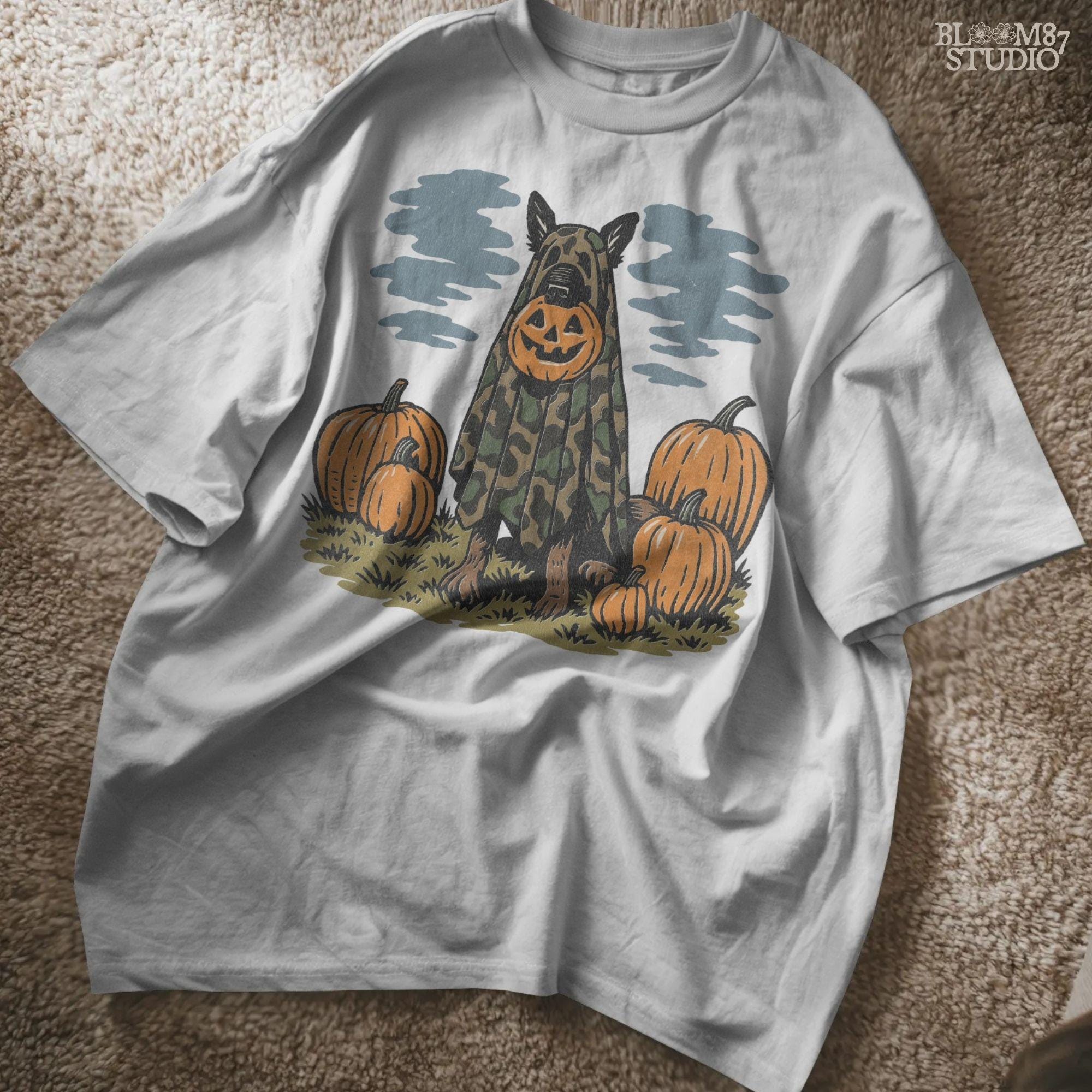 German Shepherd in camouflage ghost costume with jack-o’-lantern head surrounded by pumpkins, Halloween-themed sublimation design