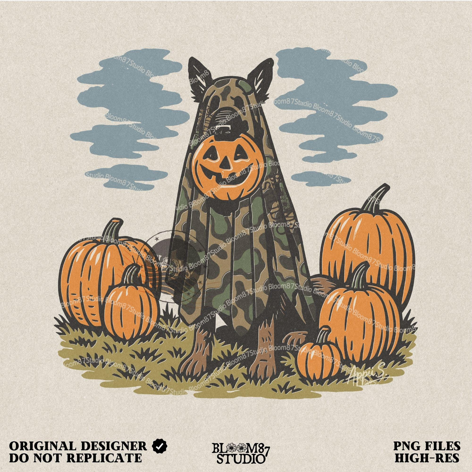 German Shepherd in camouflage ghost costume with jack-o’-lantern head surrounded by pumpkins, Halloween-themed sublimation design