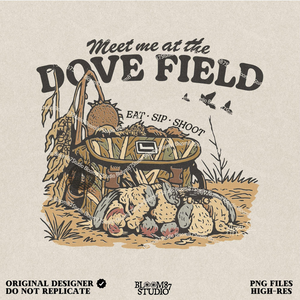 Camo hunting bag in a cornfield surrounded by harvested mourning doves with the phrase “Meet Me at the Dove Field” in vintage lettering.