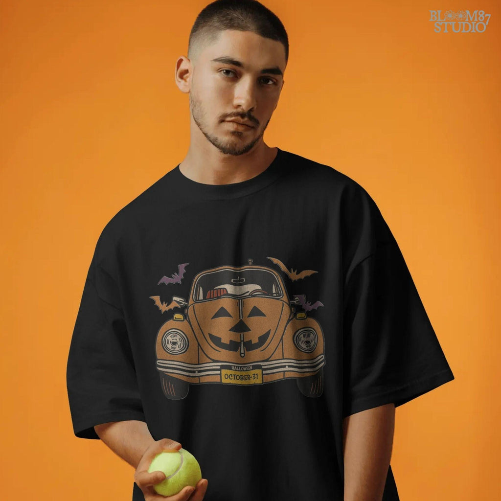 Halloween pumpkin car with Jack O’Lantern face, flying bats, and October 31 theme, retro spooky sublimation PNG design.