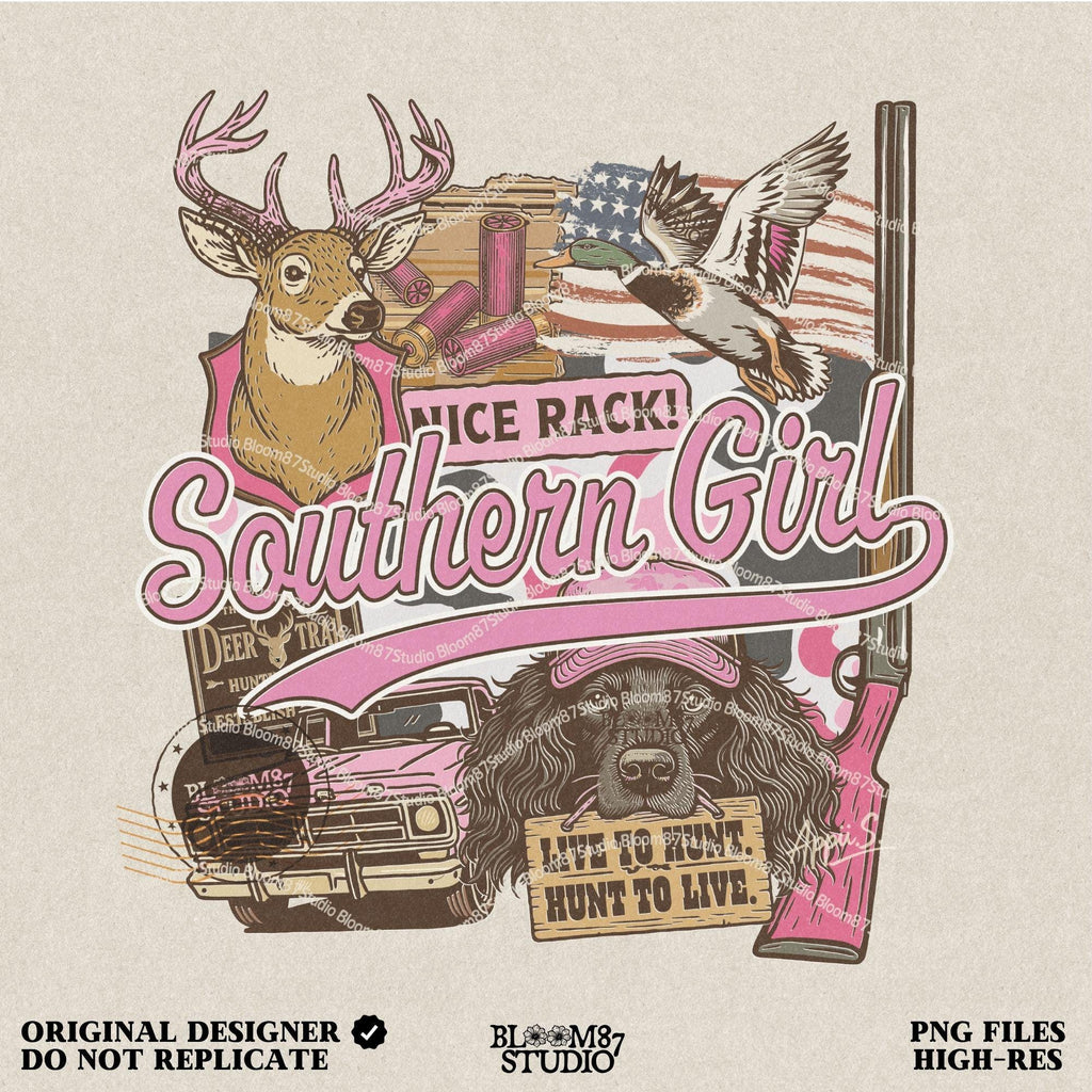 Patriotic hunting collage featuring “Southern Girl” text with deer, duck, pink shotgun, truck, and a dog holding a “Live to Hunt” sign in a pink and camo aesthetic.