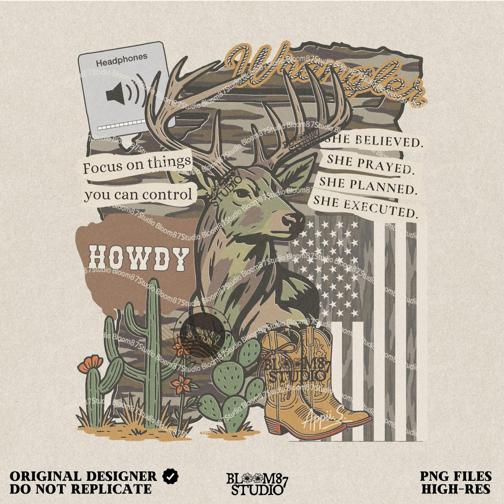 Western collage PNG with deer, cowboy boots, cactus, camo flag, and hunting-themed quotes – sublimation design for faith-based country apparel and décor.v