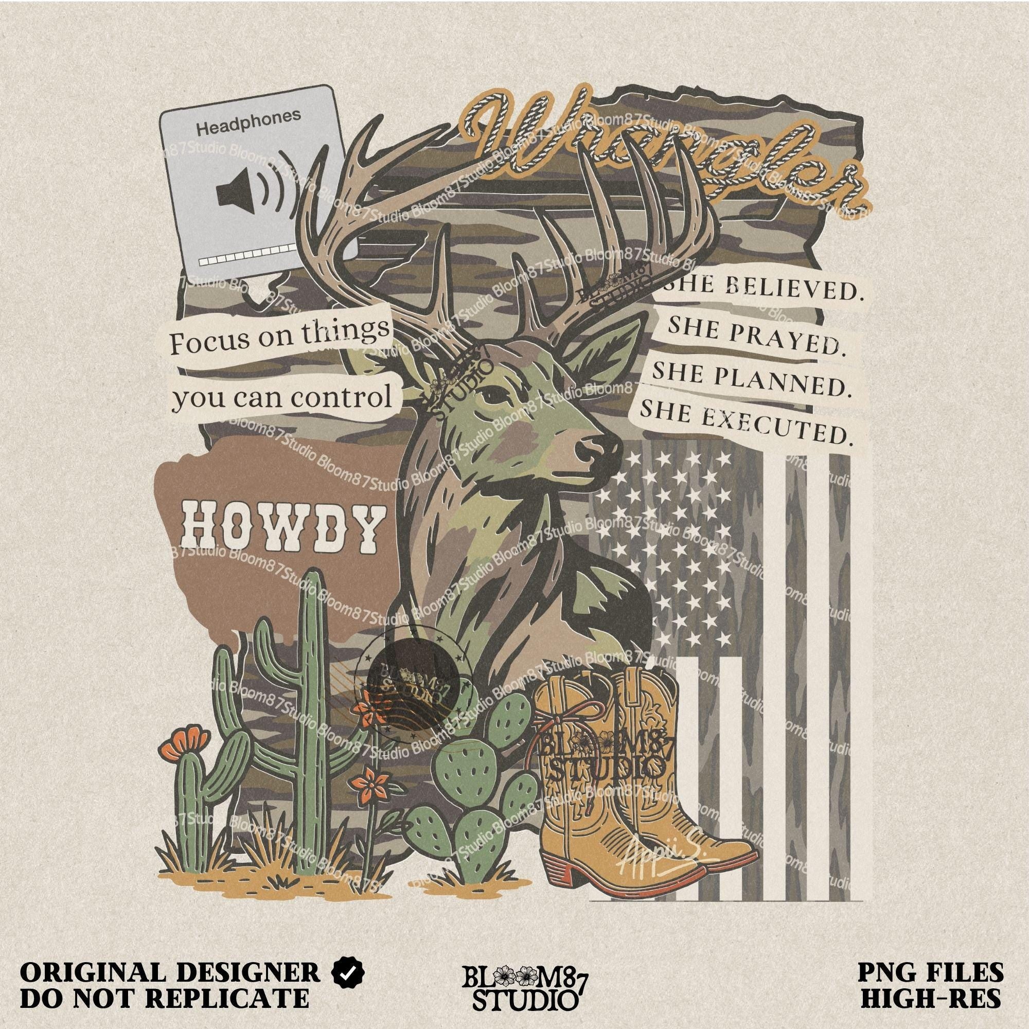 Western collage PNG with deer, cowboy boots, cactus, camo flag, and hunting-themed quotes – sublimation design for faith-based country apparel and décor.v