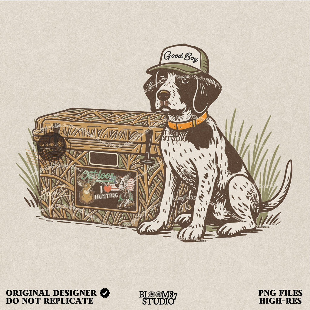 Pointer Hunting Dog PNG, Good Boy with Camo Cooler Sublimation, Duck Dog Clipart, Outdoor Camo Gear Graphic, Camping & Fishing Designs PNG