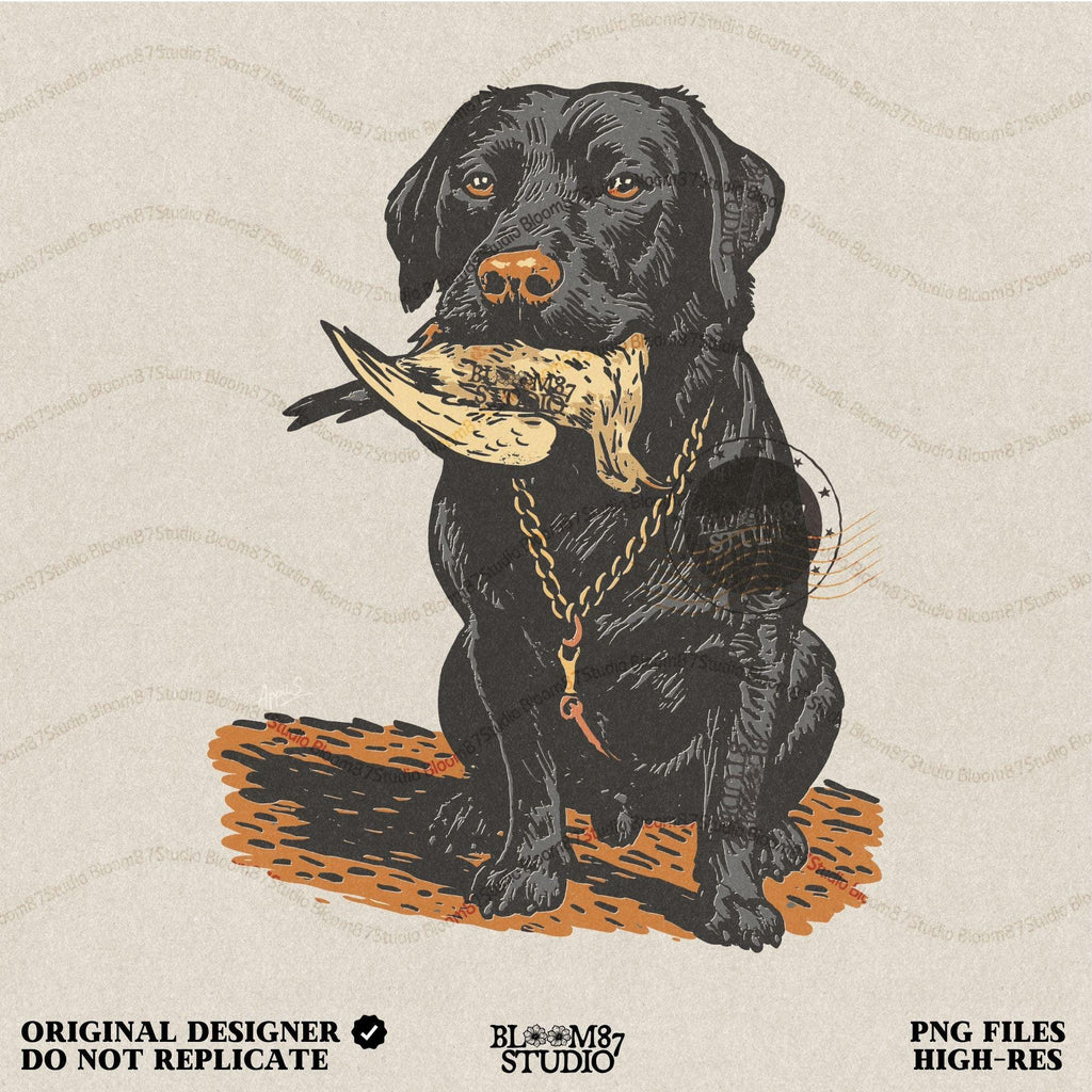 Black Labrador retriever sitting with a dove in its mouth, illustrated for dove hunting sublimation projects and bird dog gift designs.